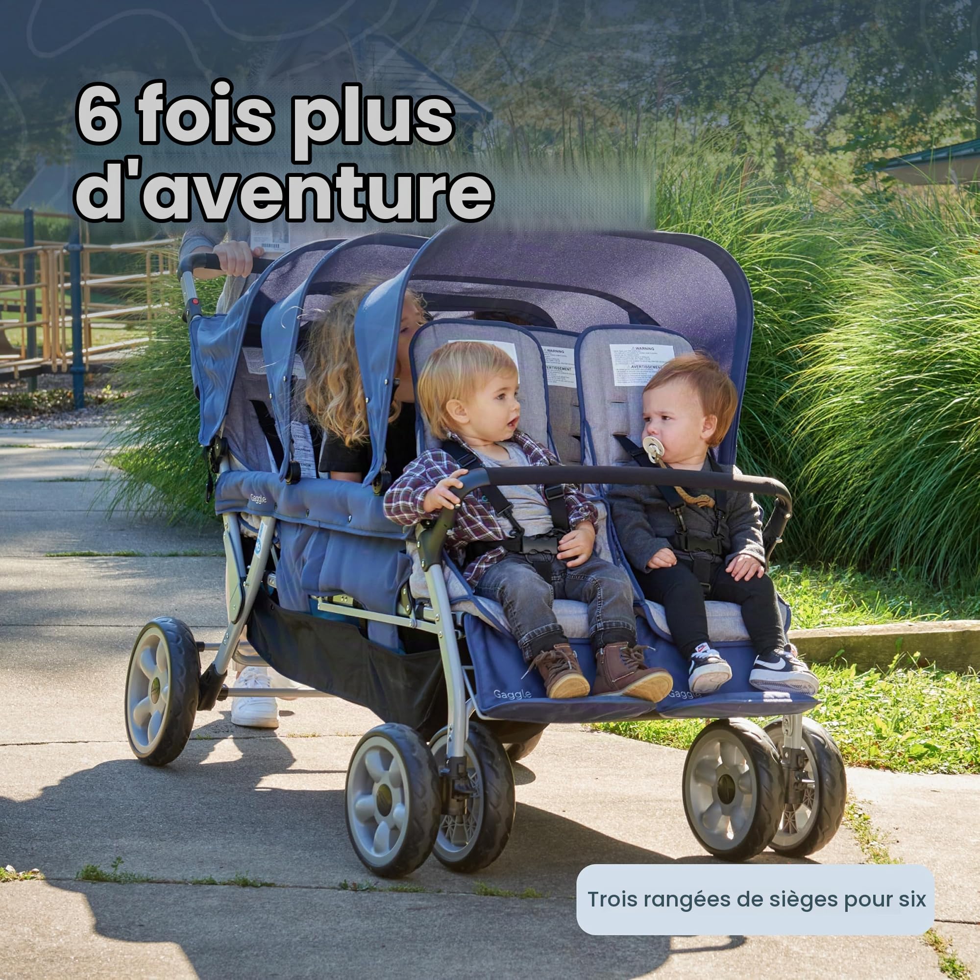 Gaggle Poussette multi-enfants Jamboree 6 places de Foundations avec auvents anti-UV, sièges inclinables, harnais de sécurité à 5 points, pliage compact pour garderies, parcs et voyages, noir