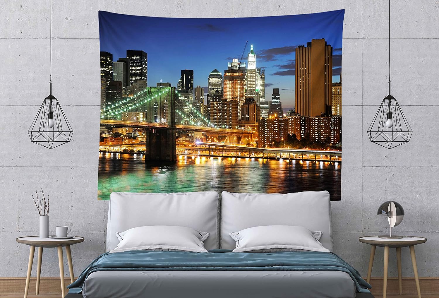 Loccor New York City Tapestry 120" x 80" Extra Large Brooklyn Bridge Manhattan Night Skyline Hudson River Wall Tapestry NYC Urban Skyscraper American Wall Hanging for Bedroom Living Room Home Decor