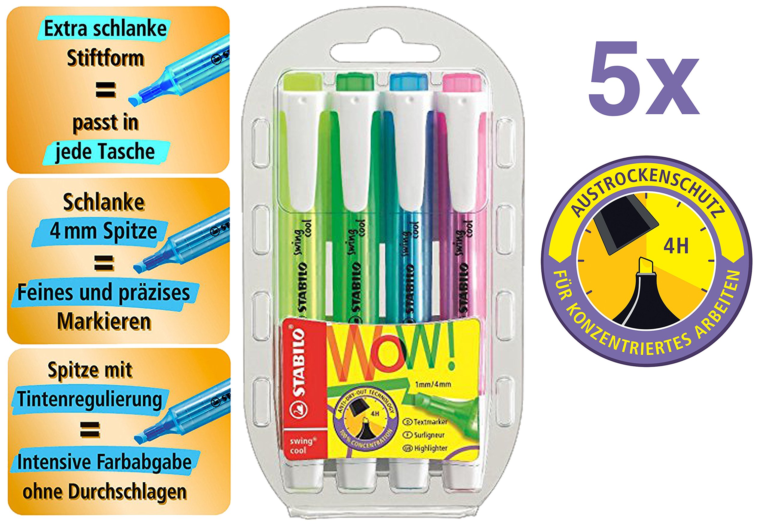 Stabilo swing® cool Textmarker Farbsortiert im Kunststoffetui Keilspitze 1 und 4 mm 275/4 4er-Pack im 5er Pack