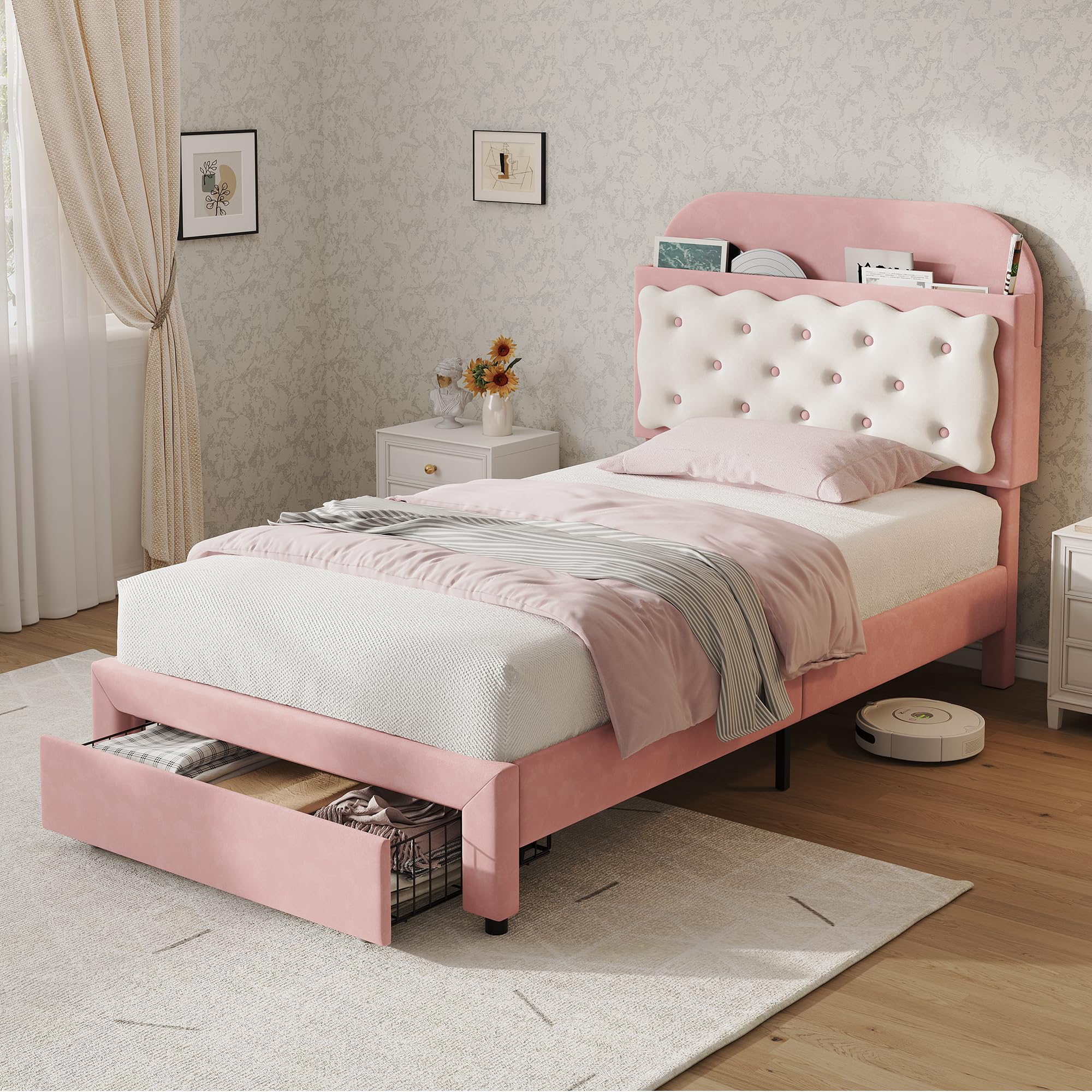 Coolfish 3ft Single Velvet Upholstered Bed Frame, Adjustable Cookie Shaped Storage Headboard with Storage Drawer at Bed End, No Box Spring Needed, Easy Assembly, No Mattress, Pink and Cream White