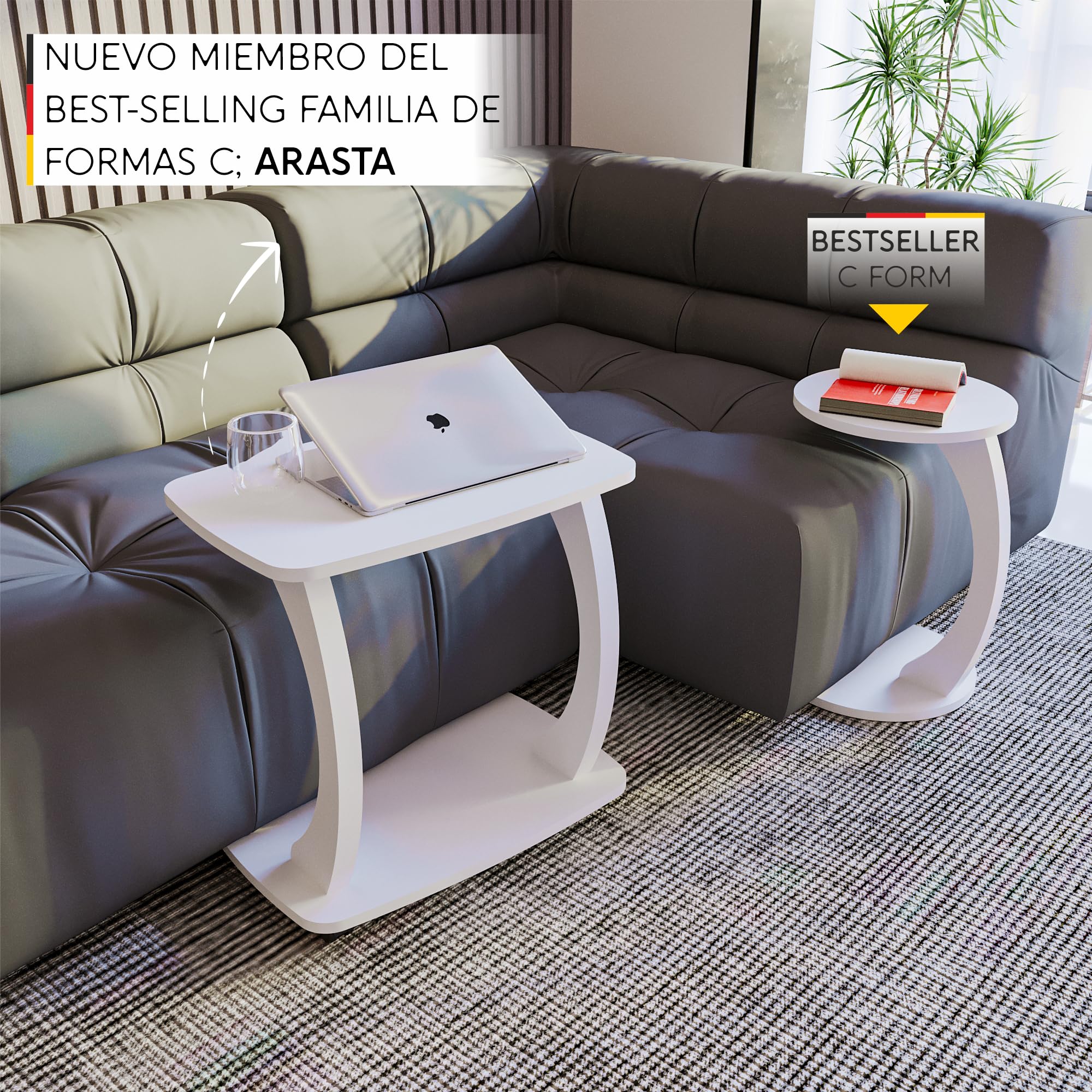 sugodesign Mesa Auxiliar de Sofa, pequeña Mesa Auxiliar en Forma de C, Elegante Mesa de Sofa en Blanco, Mesa Redonda como almacenaje para Sofa - Arasta