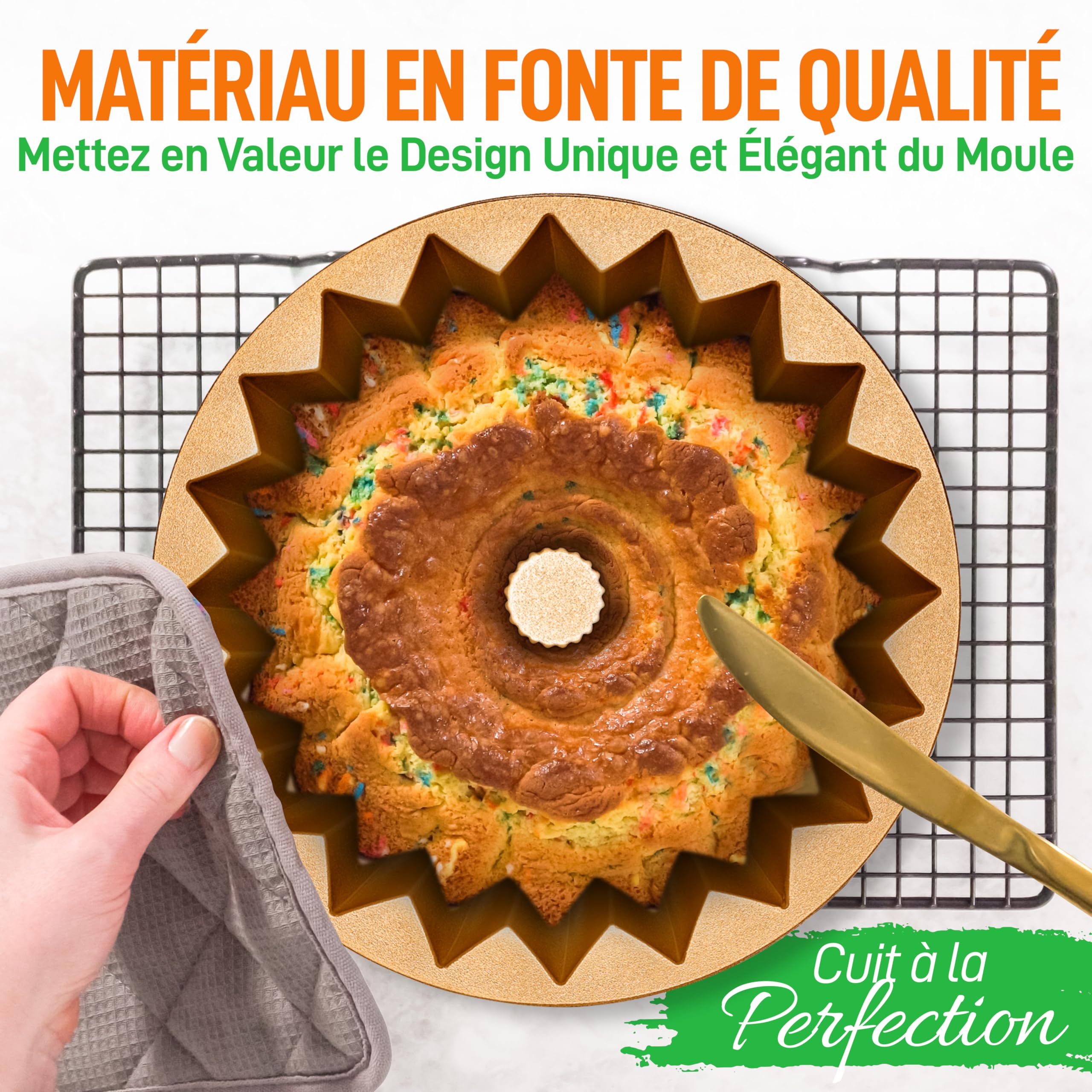 NutriChef Moule à Gâteau 23 cm – Aluminium Épais, Revêtement Antiadhésif, Lignes Acanalées, Chauffe Uniforme Jusqu’à 260 °C, Doré, Gold
