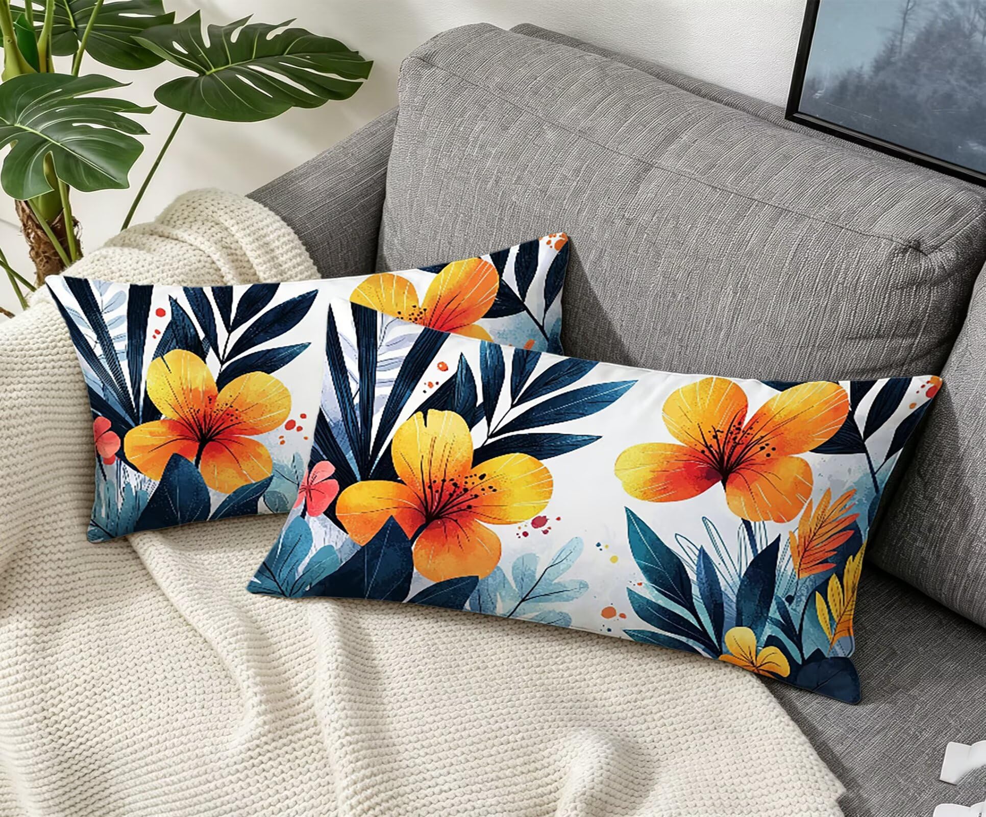 Orange Kissenbezug 60x80 Blume Kopfkissenbezug 2er Set,Wohnaccessoires & Deko,Weich und Atmungsaktiv Samt Stoff mit Verstecktem Reißverschluss für Bett Sofa Kissen Dekokissen-85873