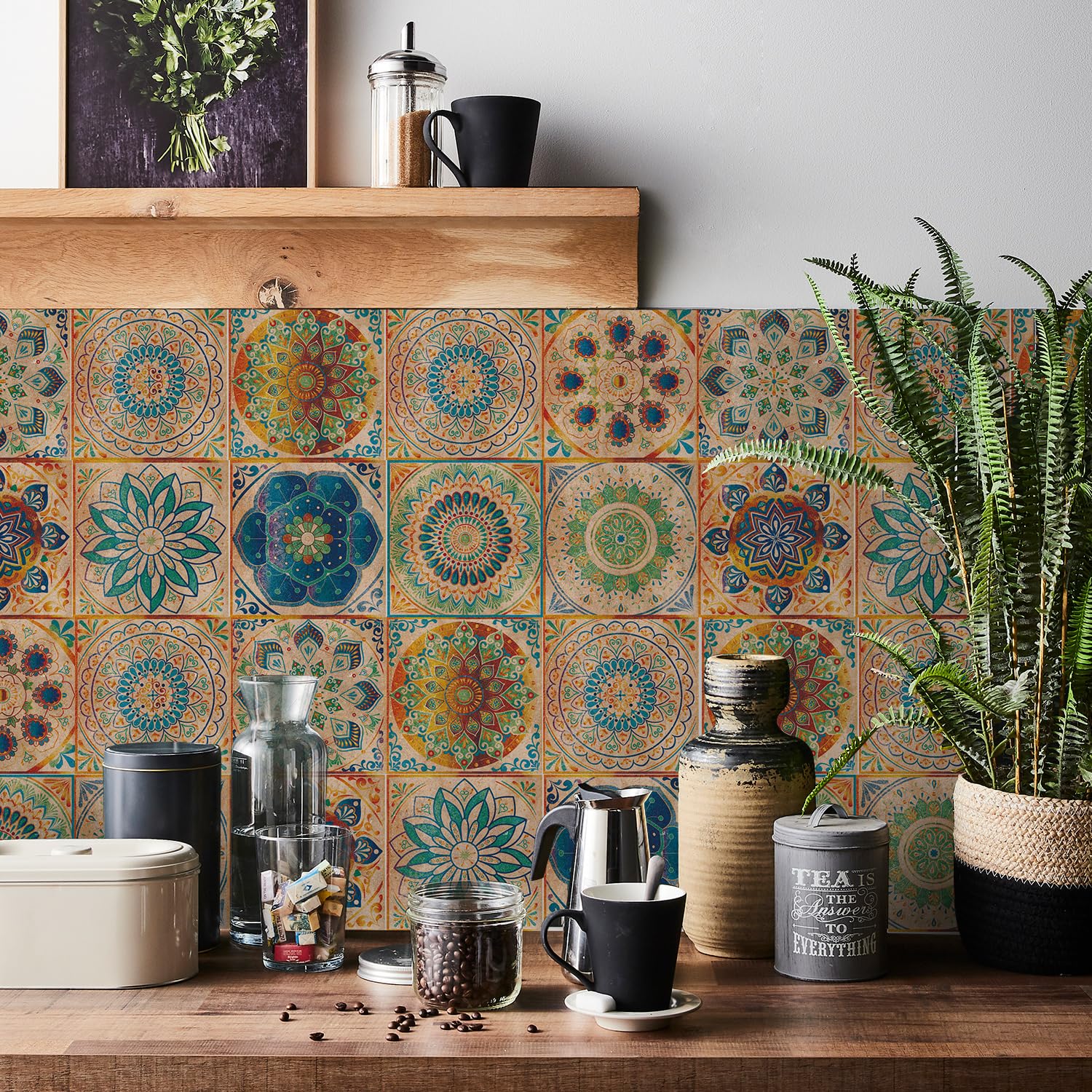 Ntrniva Self Adhesive Wall Tiles Kitchen Bathroom Stick on Tiles Victorian Tile Stickers 10cm(4") 24 pcs Waterproof Oil Proof Transfers Covers Decals Vinyl Wall