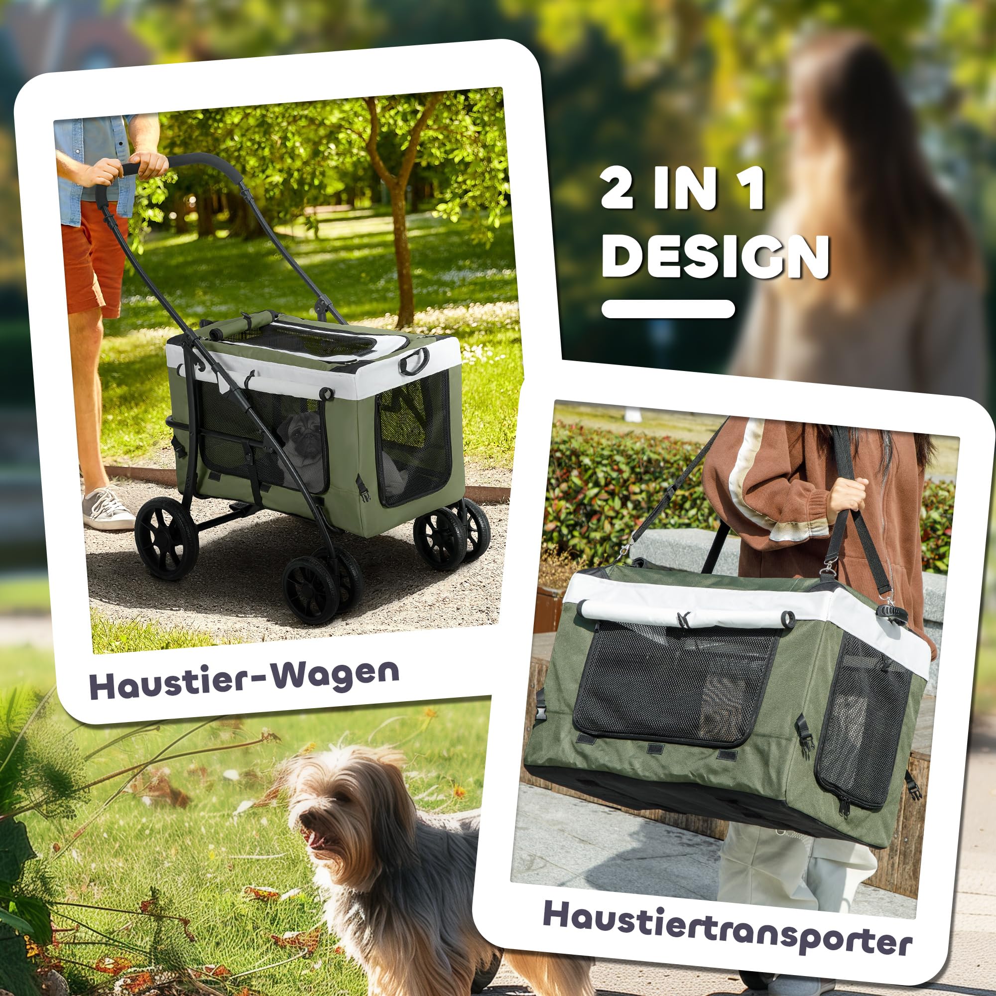 PawHut Carrito plegable para perros y gatos de hasta 10 kg, con cojín, ventanas de red, puertas, cesta de almacenamiento, color verde oscuro