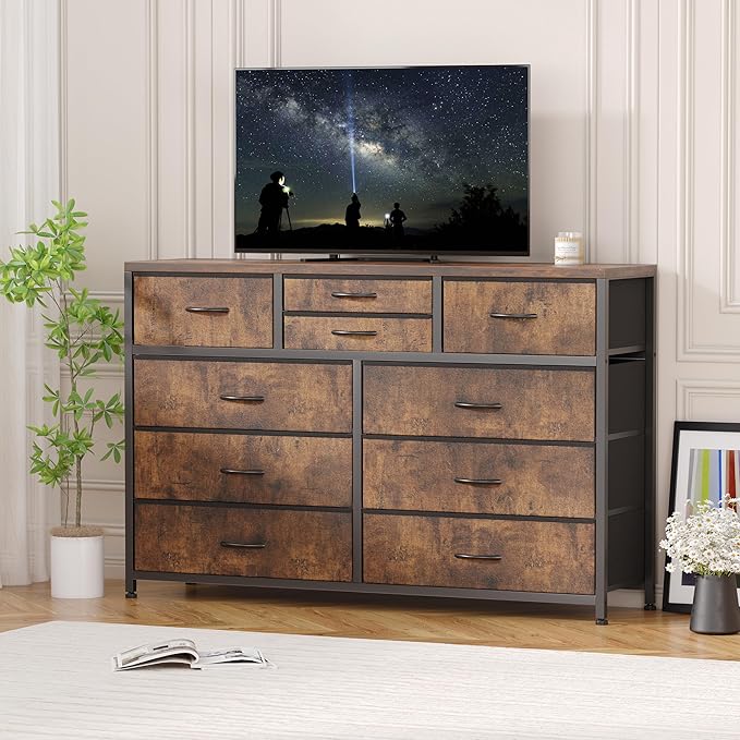 Jojoka Wide 10 Drawer Dresser,TV Stand Entertainment Center Fabric Storage Dressers Drawers for Bedroom, Hallway, Nursery, Closets, Steel Frame, Wood Top (Rustic)