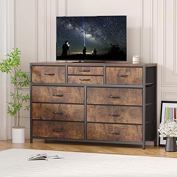 Jojoka Wide 10 Drawer Dresser,TV Stand Entertainment Center Fabric Storage Dressers Drawers for Bedroom, Hallway, Nursery, Closets, Steel Frame, Wood Top (Rustic)