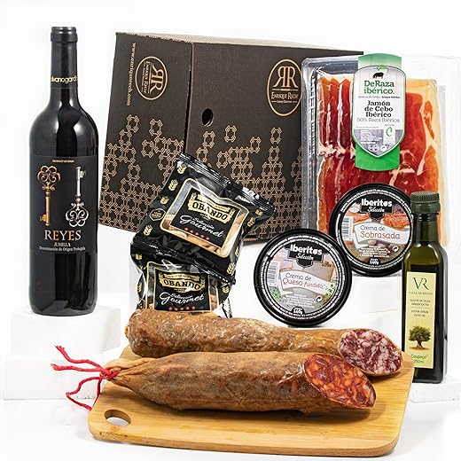 ENRIQUE RECH - Cesta Gourmet para Regalar - Embutidos Artesanales - Vino Tinto Jumilla Reyes - 2 Picos Rústicos Pan Obando - Pate Sobrasada 140g - Pate Crema Queso 140- Aceite de Oliva Virgen Extra