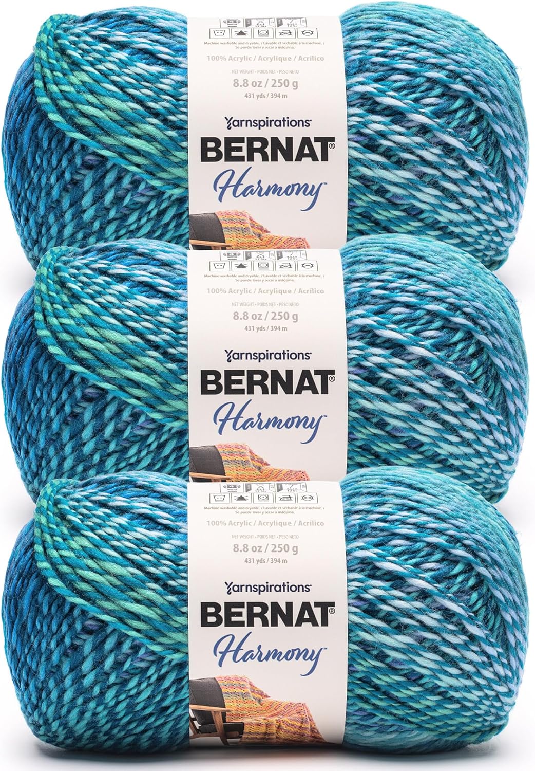 Bernat Harmony Catch A Wave Yarn - 3 Pack of 250g/9oz - 100% Acrylic - #4 Worsted (Medium) - 431 Yards - Knitting/Crochet