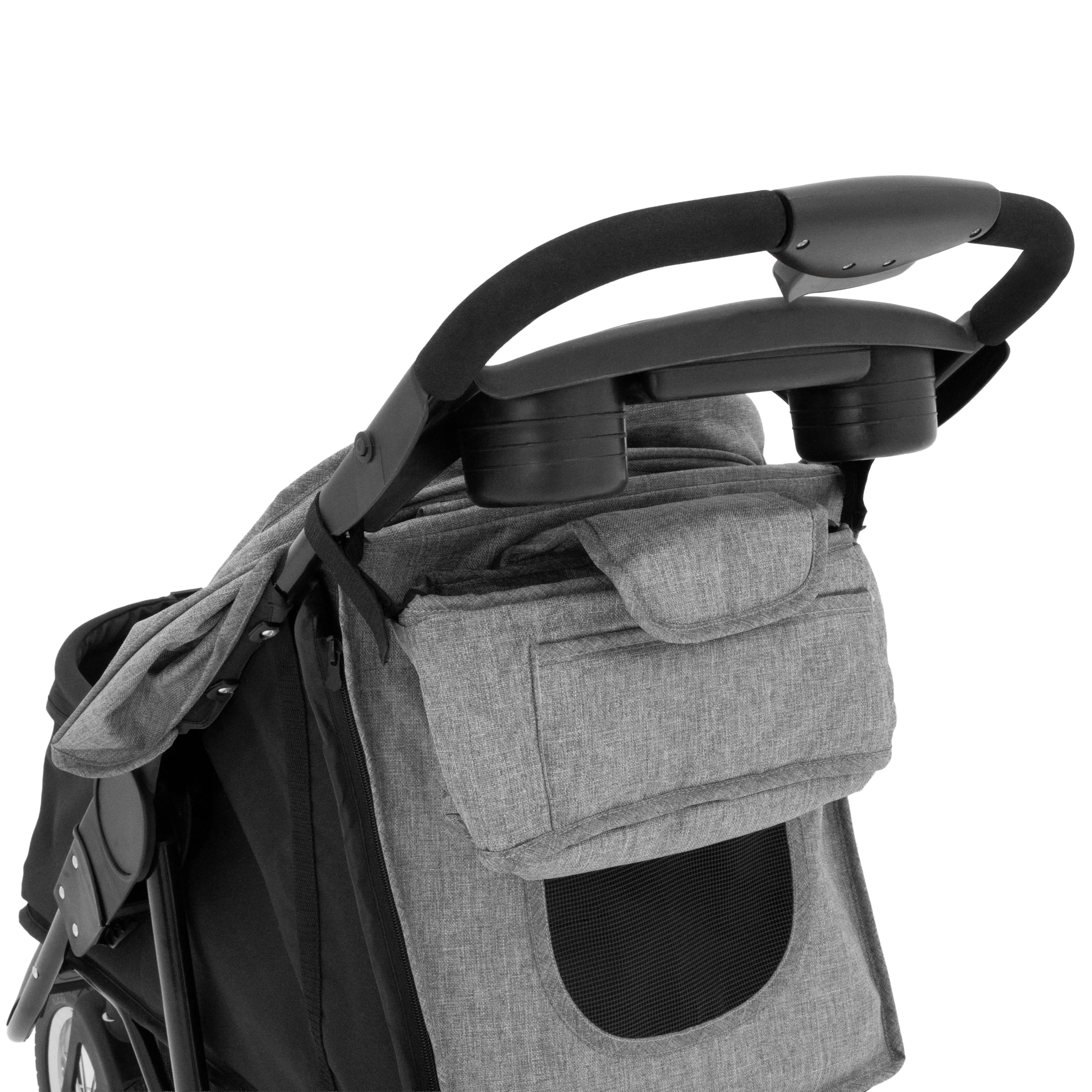 Faltbarer 3 Rad Buggy für Haustiere | Grau | Reise Jogger kleine bis mittelgroße Hunde Katzen bis 22kg | 3 schlauchlose Räder Netzbelüftung Korb Getränkehalter Caddy-Tasche Regenschutz