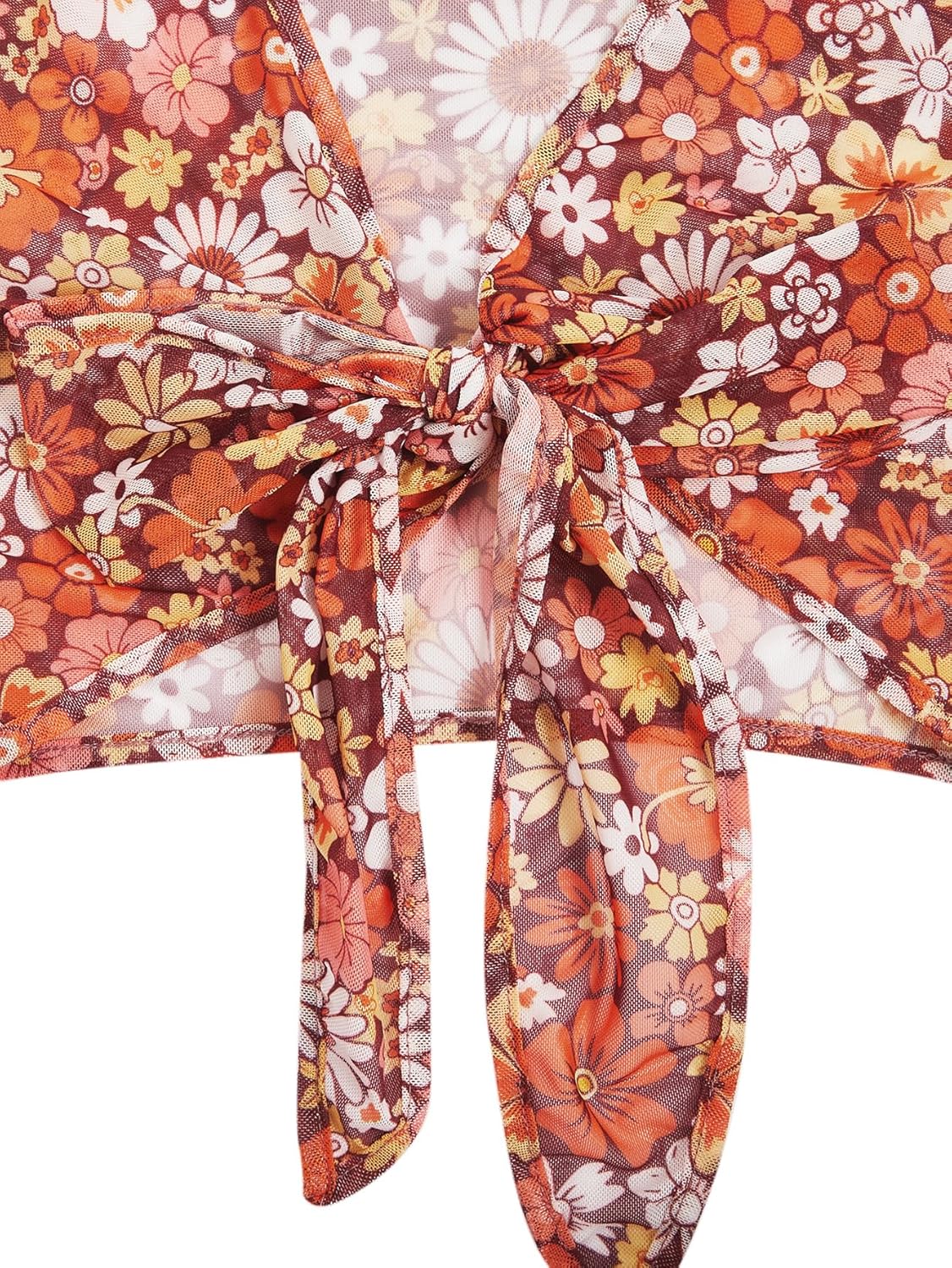 Verdusa Women's Boho 70s Tops Tie Front Bell Long Sleeve Floral Print Mesh Sheer Blouse Crop Tops - Image 4