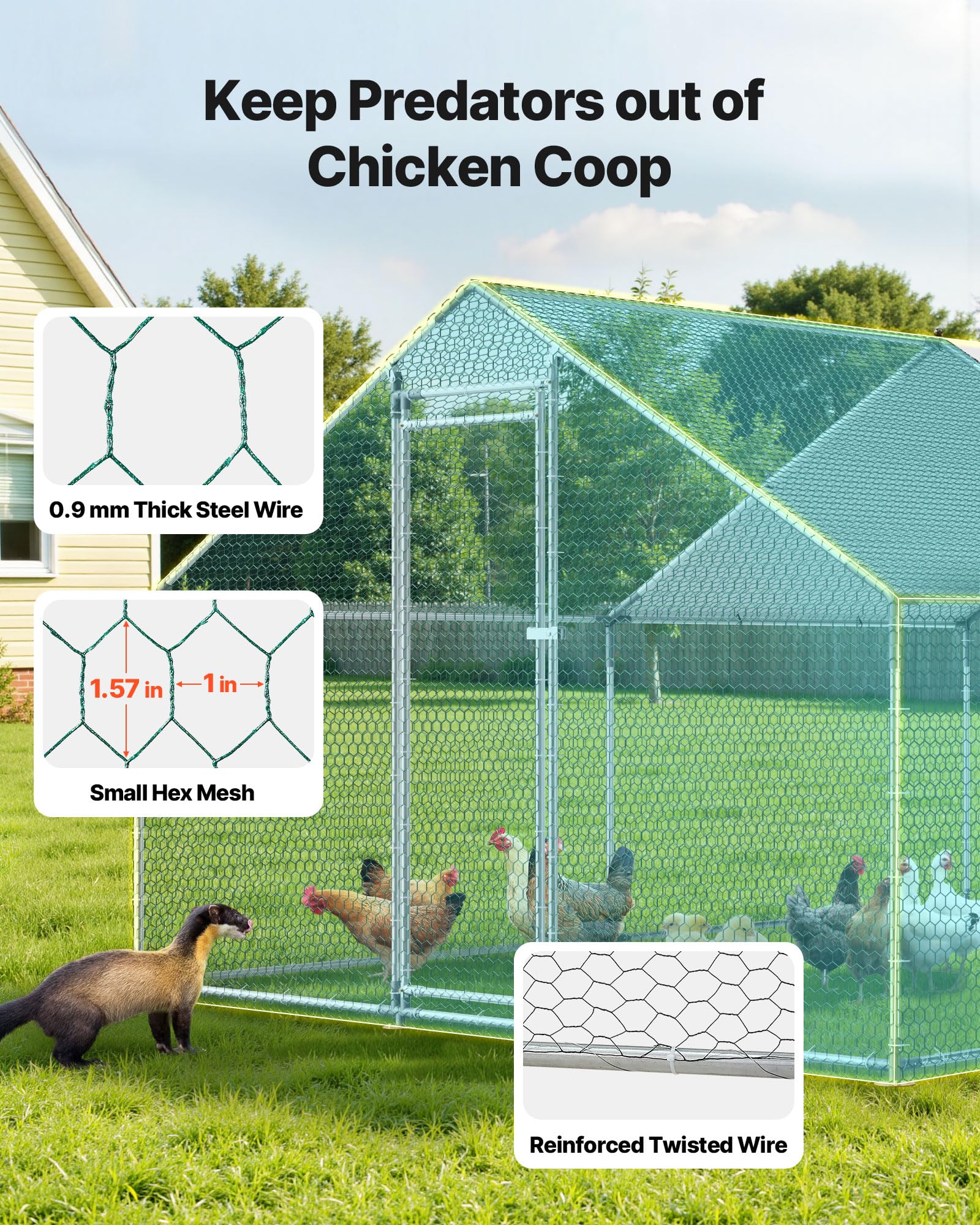 VEVOR Gallinero de Metal 3 x 4 x 2 m, Corral Grande para Gallinas con Cubierta, Cerramiento de Gallinero con Techo en Forma de Aguja con Cerradura de Seguridad para Patos, Conejos y Aves de Corral