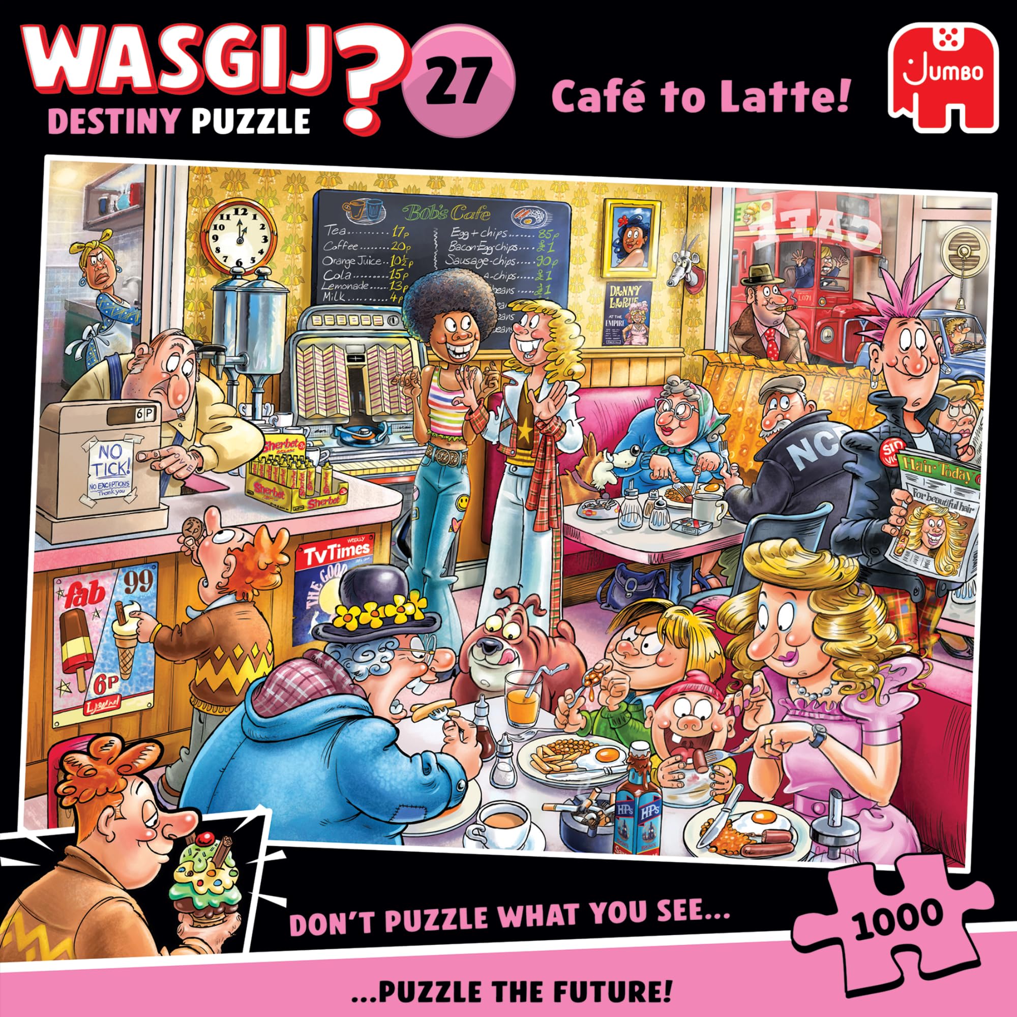 Jumbo Wasgij Destiny 27, Café to Latte! 1000 Piece Jigsaw Puzzle for Adults - Colourful, Challenging & Brainteasing Adult Puzzles - Puzzle the Future - 100% Recycled Cardboard Jigsaws - 1000pcs