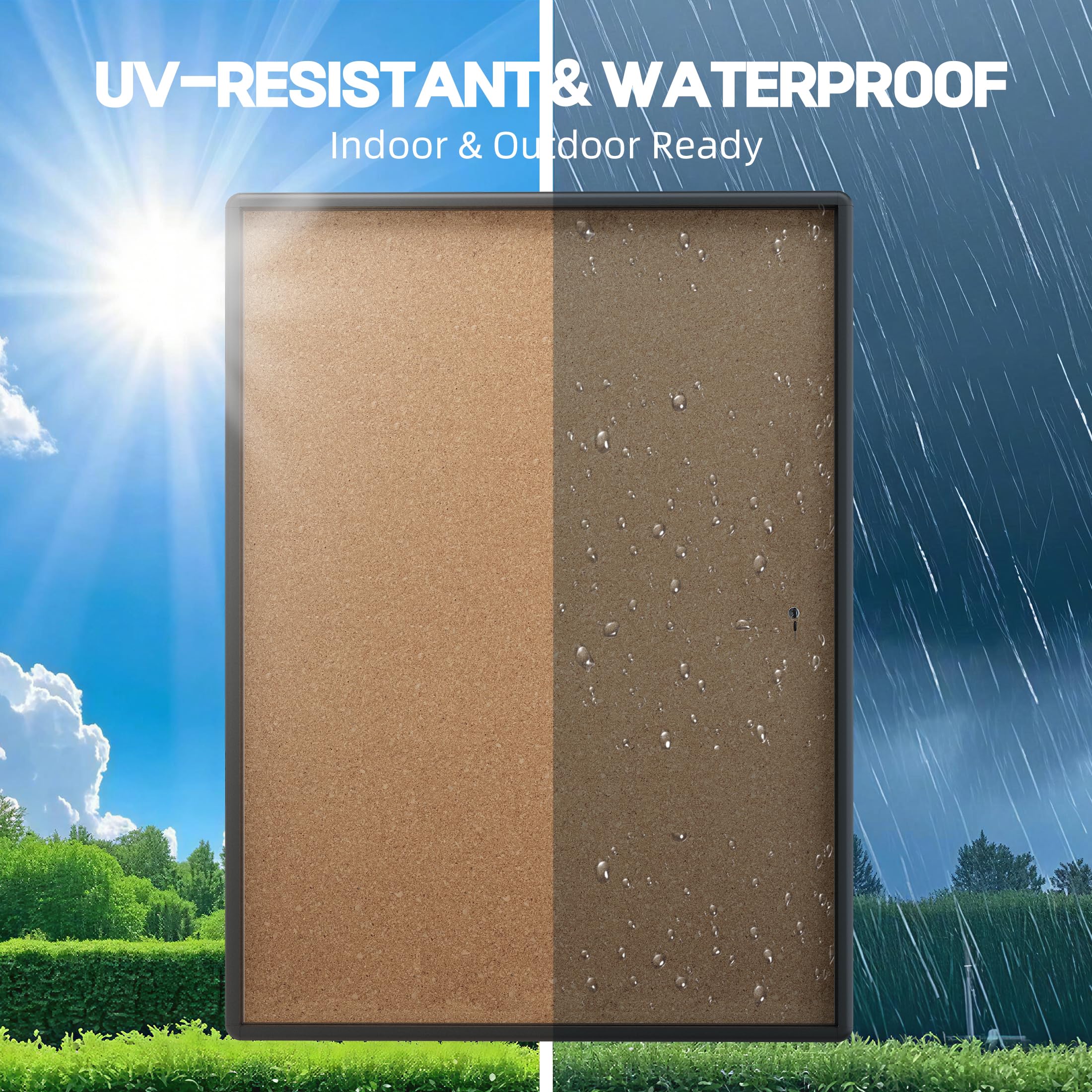 INNOVART Geschlossene Pinnwand, 96,5 x 71,1 cm, abschließbare Pinnwand, Kork-Pinnwand mit schwarzem Aluminiumrahmen, Wandvitrine mit aufklappbarer Tür, Informationsschrank für Schule, Büro, Gewerbe