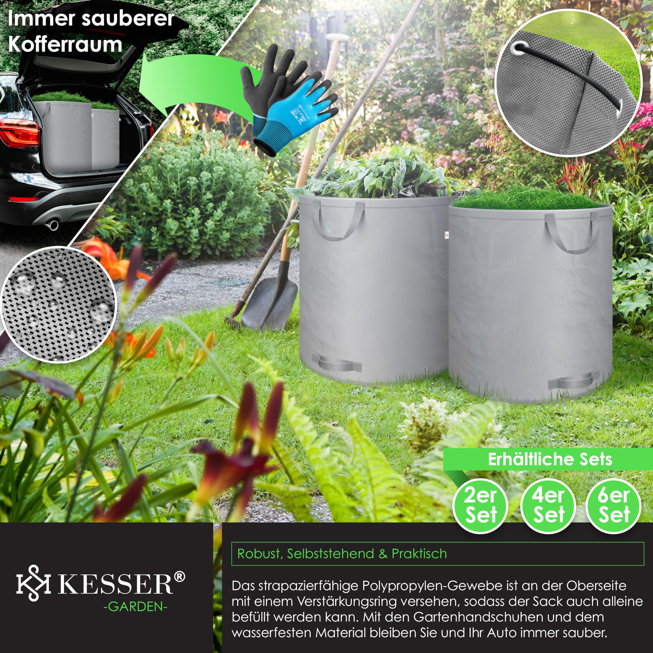 KESSER® Sacs jardin 4x500L Set Sacs à feuilles Sacs à déchets jardin +gants Autonome 4 poignées Stable Robuste Pliable Sacs à feuilles Tontes gazon Sacs jardin pour déchets jardin Déchets verts Gris