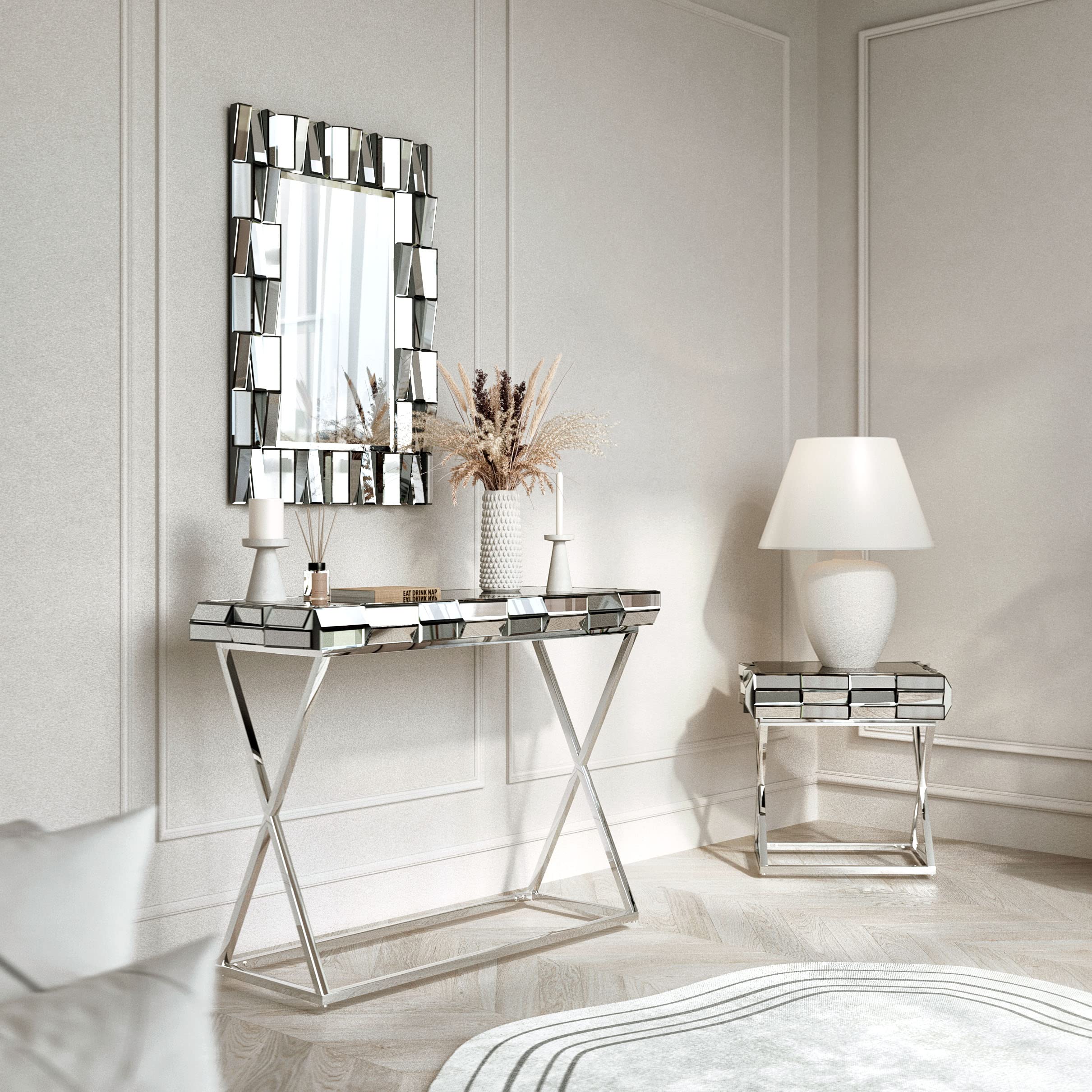 CARME Knightsbridge Collection - Wall Mirror - Mirrored Console Table - Mirrored Side Table With Drawer Combo Glass Furniture (Set 3 Rectangle Mirror + Console & Side Table Grey)