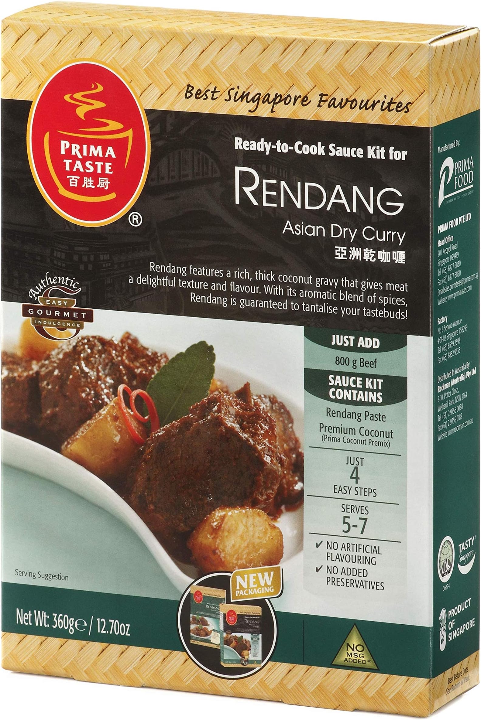 Prima Taste Ready-to-Cook Sauce Kit for Rendang Asian Dry Curry, 360 g