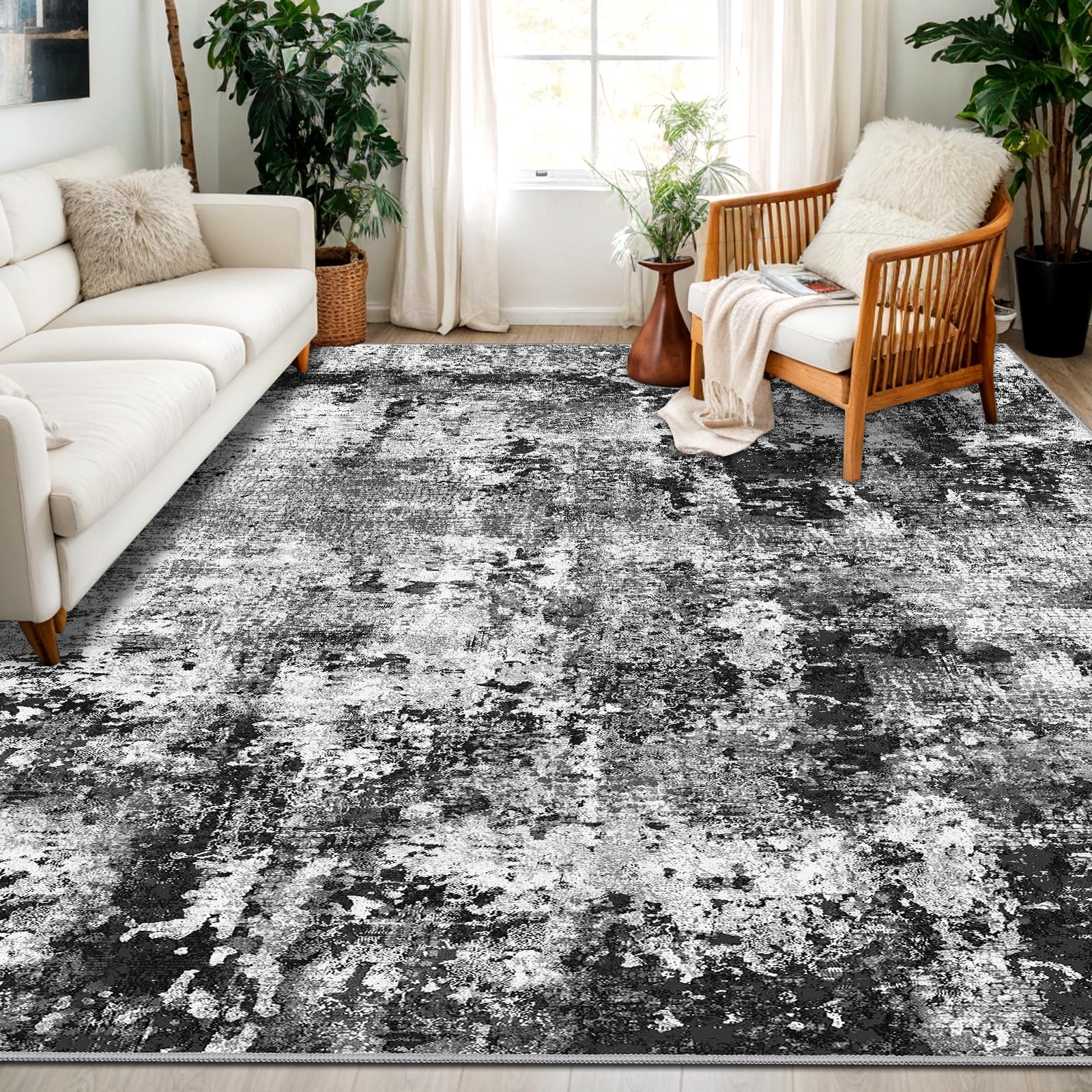 Capslpad Black Abstract Area Rug 240x340cm Modern Short Pile Soft Faux Wool Living Room Rug Washable Indoor Rug Non Slip Minimalist Floor Mat Rugs for Living Room Bedroom Office Area Kitchen Decor โ image 1