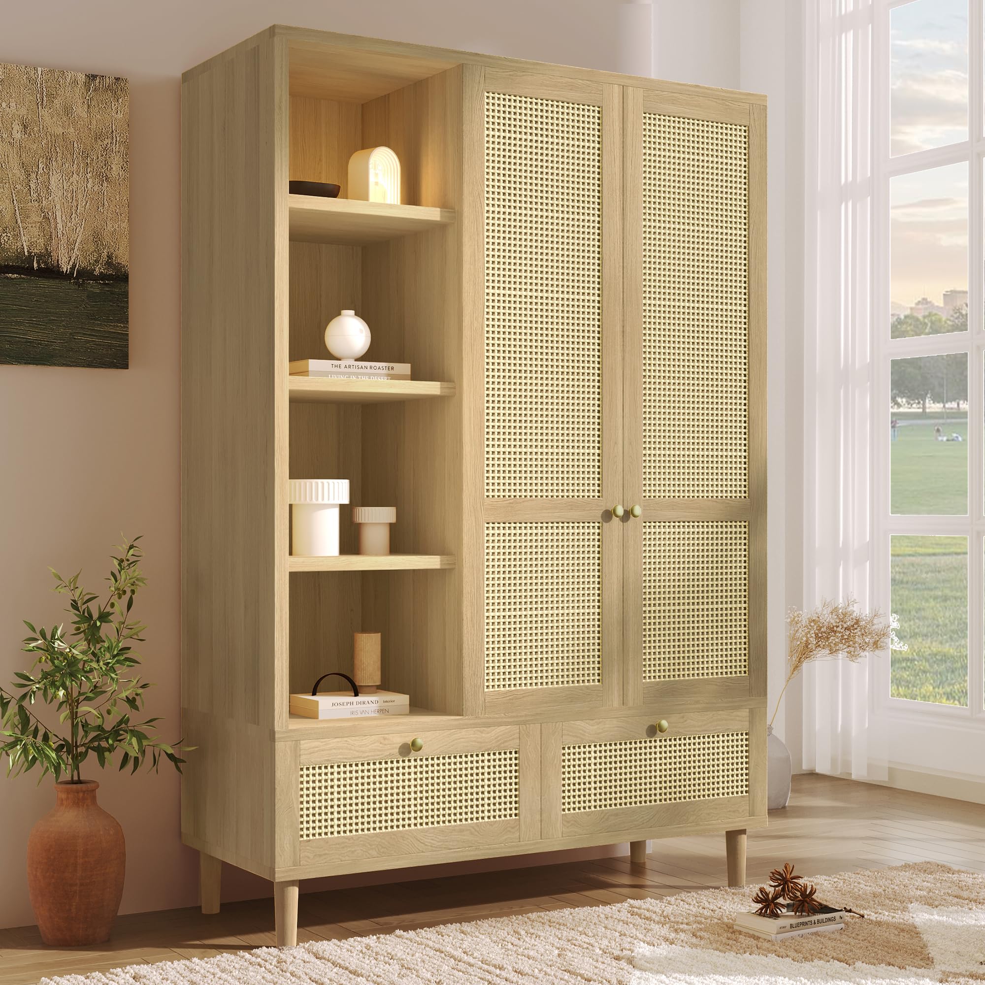 Moimhear Armario de 120 x 50 x 180 cm, con 2 puertas y mimbre trenzado, estante abierto, barra para colgar ropa, 2 cajones, protección antivuelco