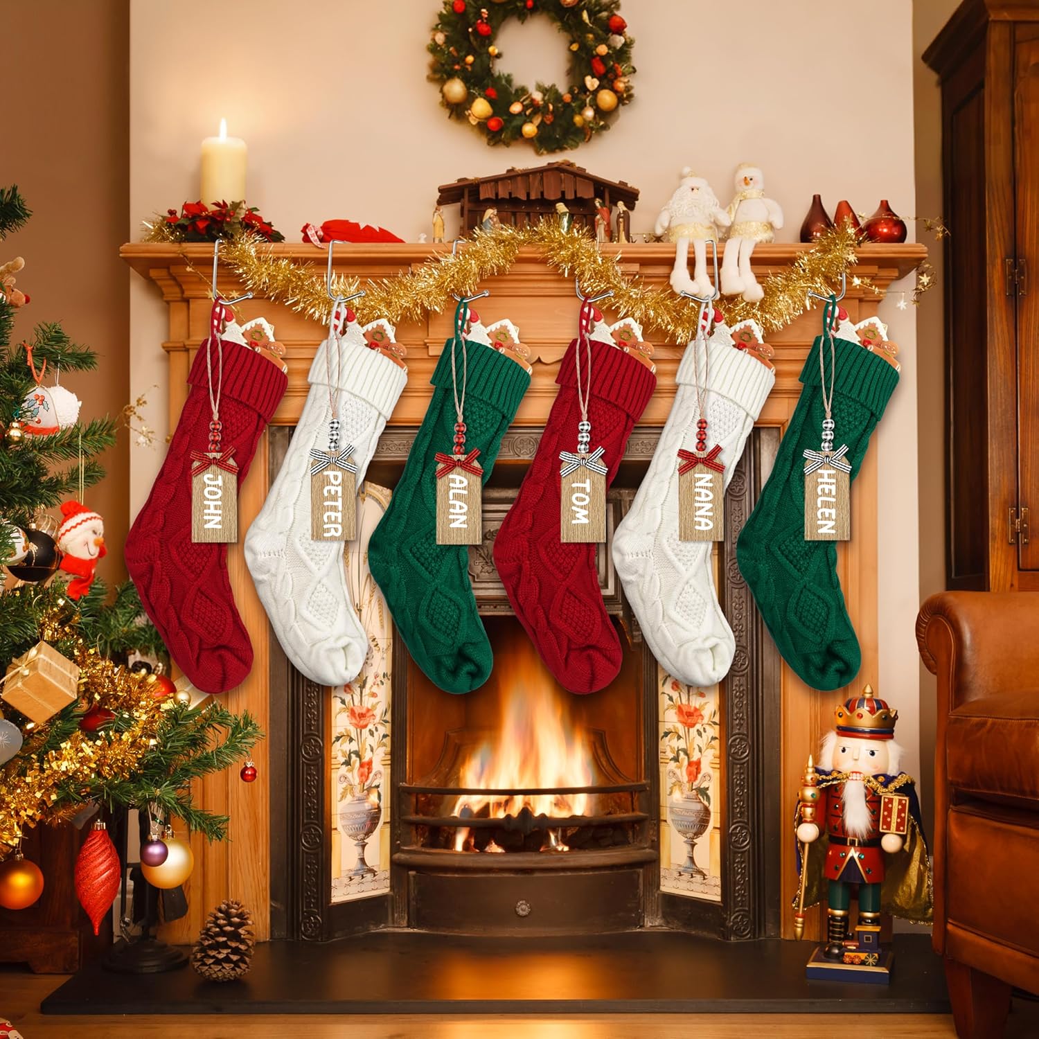 BORAMDO 6Pack Cable Knitted Christmas Stockings with Bow Name Tags, 18Inch Personalized Hanging Christmas Stockings Wooden Xmas Gift Tags for Holiday Party Family Home Xmas Tree Decor