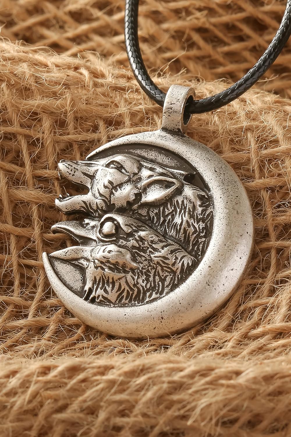 HAQUIL Wolf and Raven Necklace, Wolf and Raven on Crescent Moon Pendant, Faux Leather Cord (AD) - Image 5