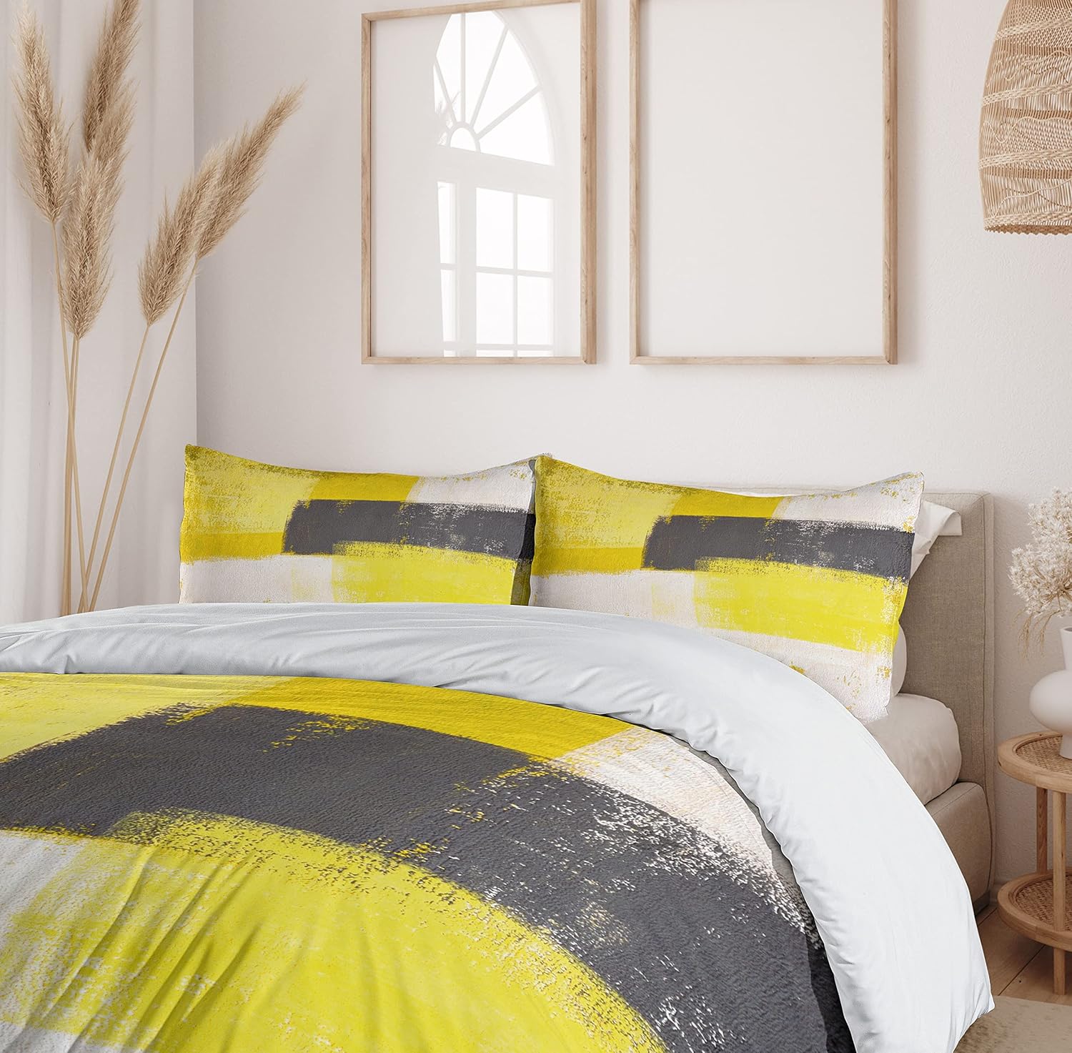 Ambesonne Grey and Yellow Duvet Cover Set, Abstract Grunge Style Brushstrokes Painting Contemporary Illustration, Decorative 3 Piece Bedding Set with 2 Pillow Shams, King Size, Grey Yellow Queen Grey Yellow