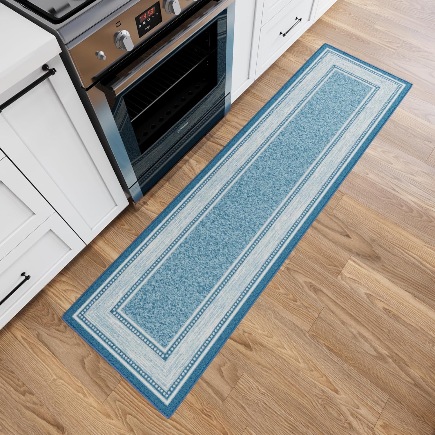 Ottomanson Machine Washable Bordered Design Non-Slip Rubberback 2x7 Traditional Runner Rug for Hallway, Kitchen, Bedroom, Living Room, 1'10" x 7', Blue Border Blue Runner - 1'10" x 7'
