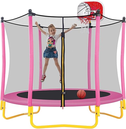 Miniatura 7 de Merax Trampolín de 66 pulgadas para niños con aro de baloncesto, bola de goma y red de recinto, mini trampolín pequeño de 5.5 pies para interiores y