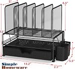 SimpleHouseware Desk File Organizer for Office Stationery with Sliding Drawer, Double Tray, Pencil Holder, and 5 Upright Sections, Black