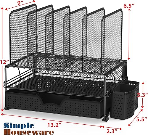 Miniatura 2 de Organizador de escritorio SimpleHouseware de malla con cajón deslizante, doble bandeja y 5 secciones verticales, color negro Negro