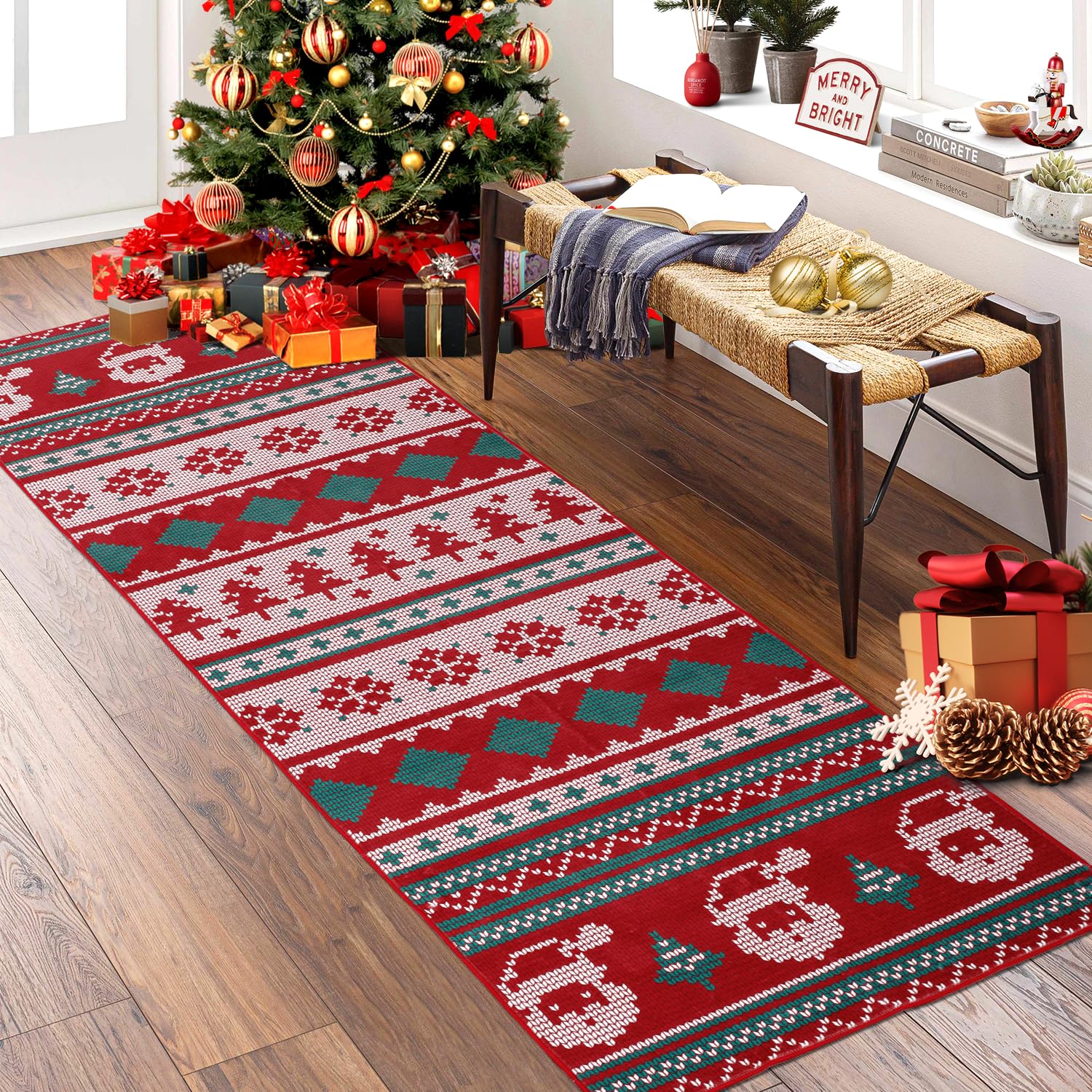 Navidad Alfombras de Pasillo Antideslizante 60x180cm, Lavable a Máquina Alfombra de Cocina Largos Modernas, Suave Pelo Bajo Alfombra Entrada, Alfombra Corredor para Lavandería, Baño, Dormitorio (05)