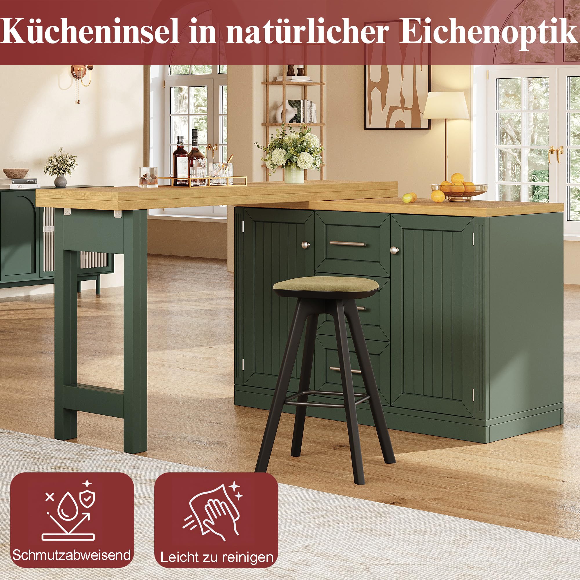 Multifunktionale Kücheninsel mit erweiterbarem Esstisch, 360° drehbares Kochfeld, Magnetverschluss, Aufbewahrungsregale, modern in Grün