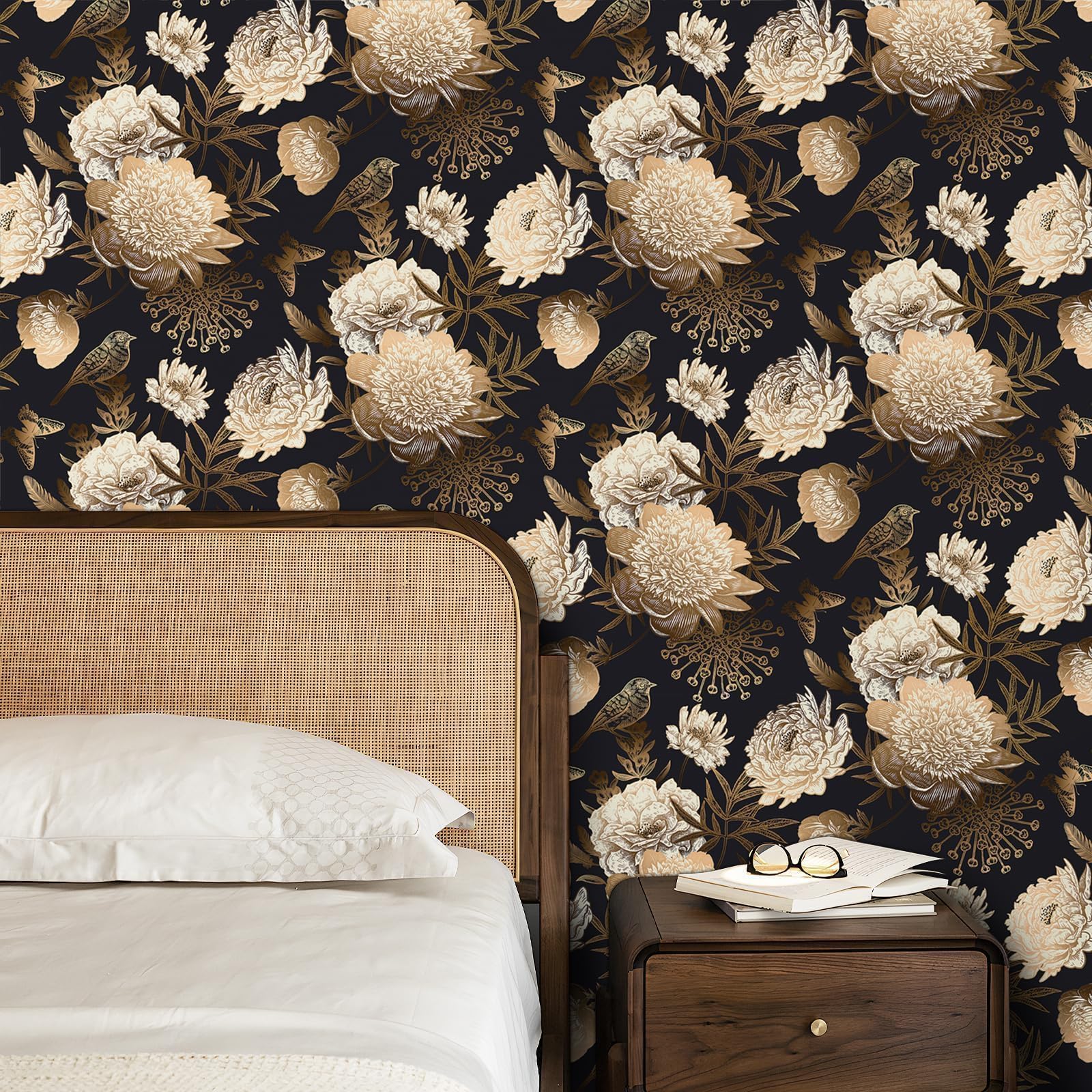 Decotalk Tapete Schwarz Gold Blumen Selbstklebende Tapete Blumen Schlafzimmer 44.5X900cm Klebefolie Schwarz Gold Wandtapete Selbstklebend Möbelfolie Dekorfolie Klebefolie PVC Vinyl Wandaufkleber