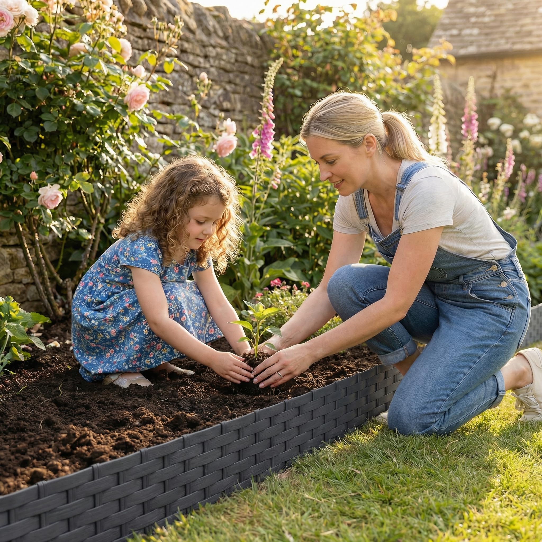 Bordure de Jardin Imitation Rotin 10 m, Lot de 10 Panneaux, Clôture Extérieure Flexible et Décorative, Installation Facile pour Gazon, Allée, Anthracite