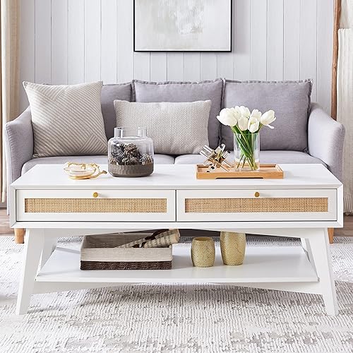 OKD Mesa auxiliar para sala de estar mesa central de almacenamiento moderna de mediados de siglo con cajones deslizantes dobles de ratán natural