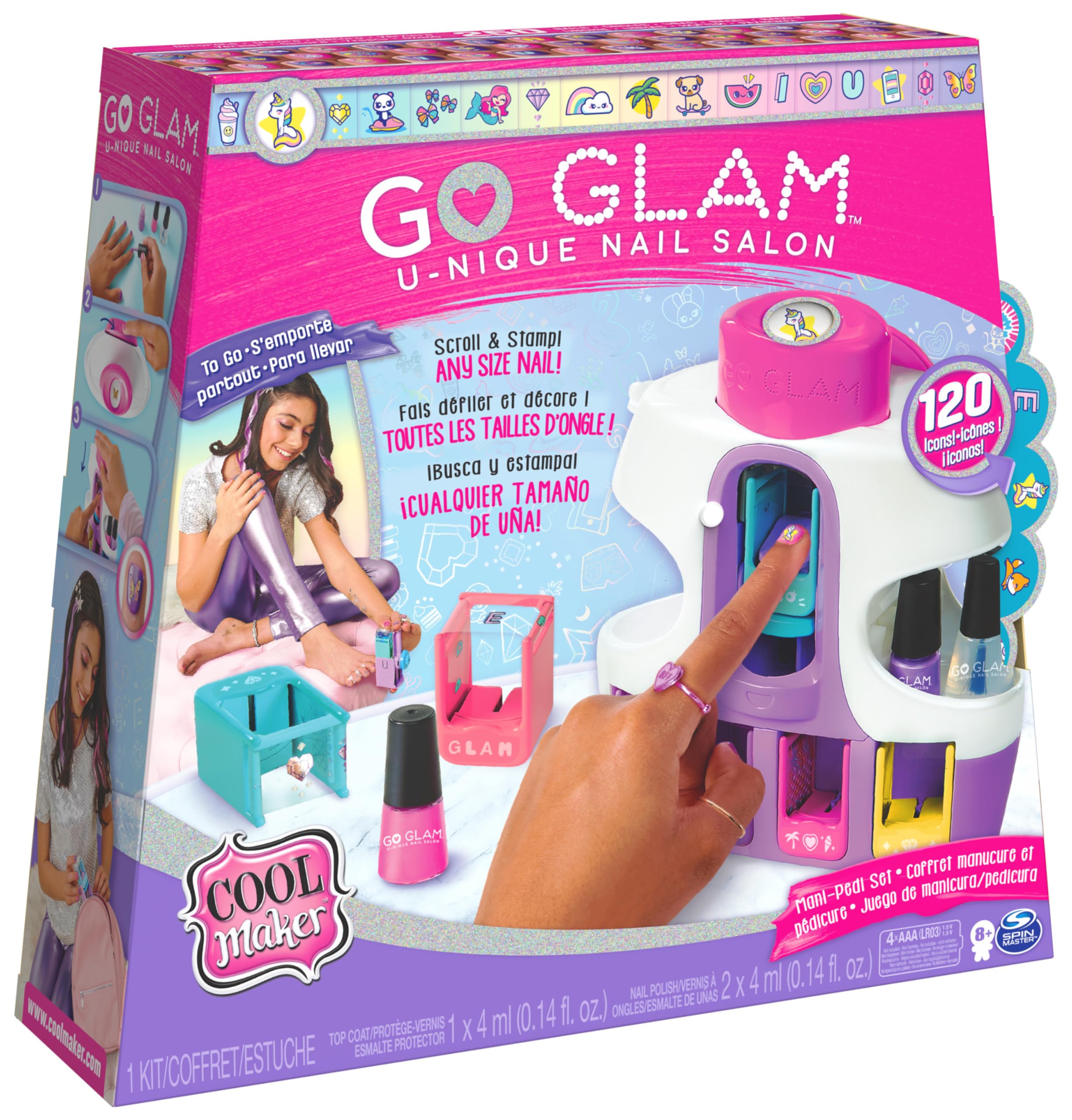 Cool Maker GO GLAM Macchina Decora Unghie| Kit unghie bambina | 5 cartucce con 120 decorazioni | 3 smalti per bambina e ventolina | Giocattolo per bambine da 8 anni