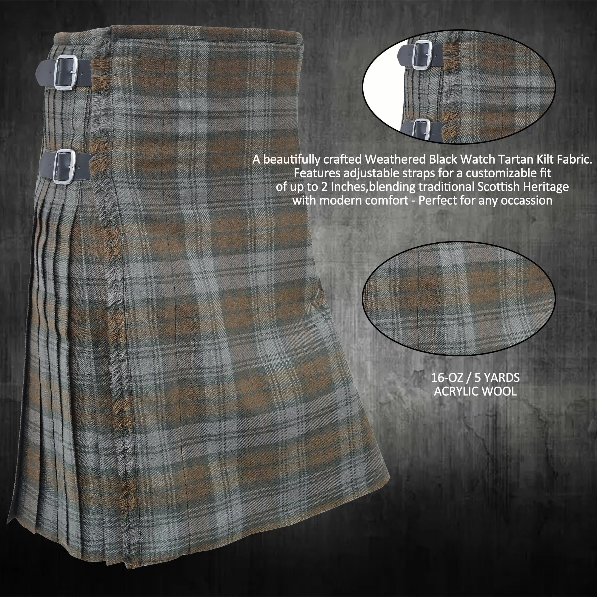 Kilt da uomo – Tradizionale tartan scozzese 4,5 m, lana acrilica di alta qualità, realizzato a mano con 3 cinturini in pelle, include flash per kilt e spilla da kilt