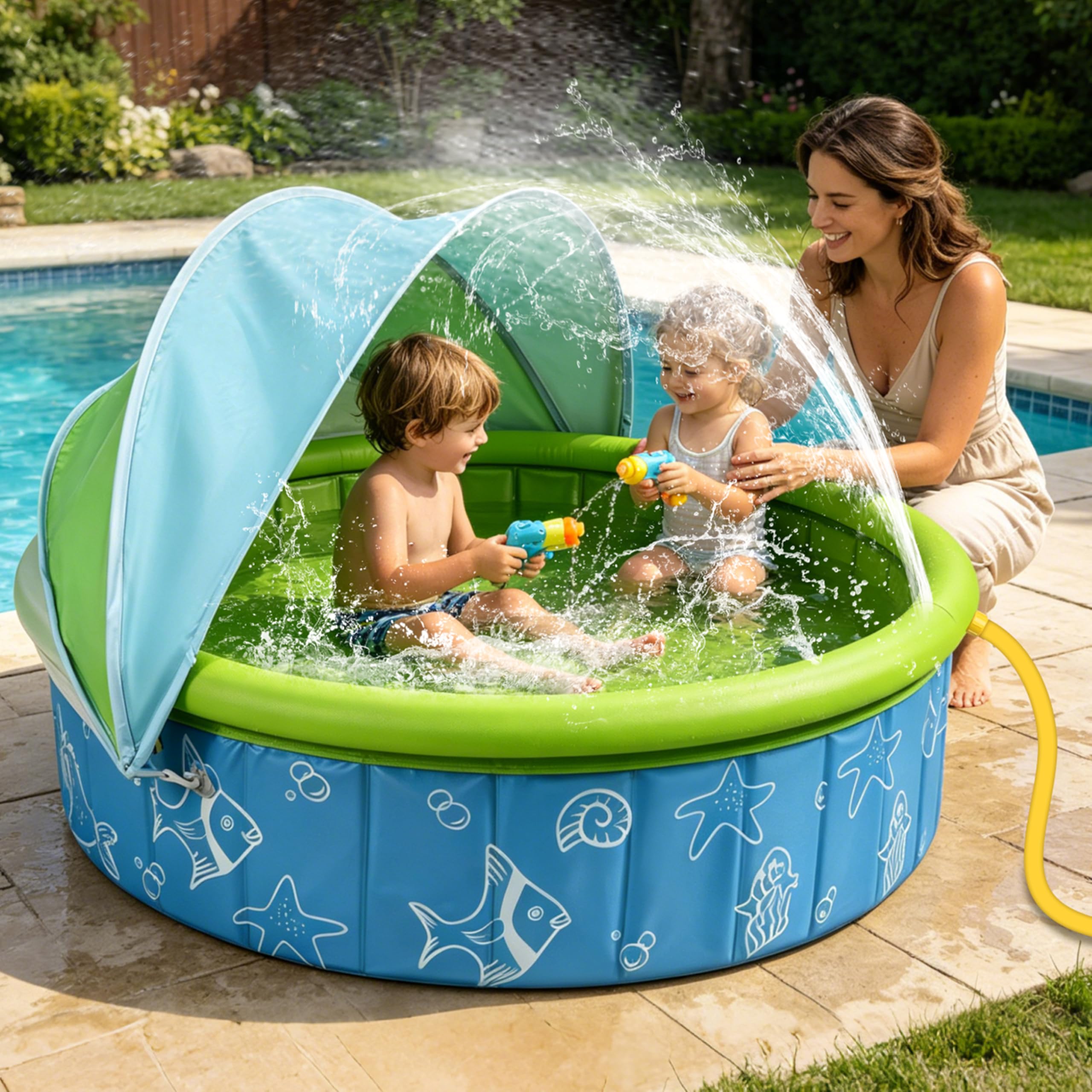 JONRRYIN Piscina para Niños, Piscina Infantil con Toldo y Pulverización Protección UV SPF50+, Tienda de Playa Plegable Portátil para Jardín Playa Picnic 120x36 cm