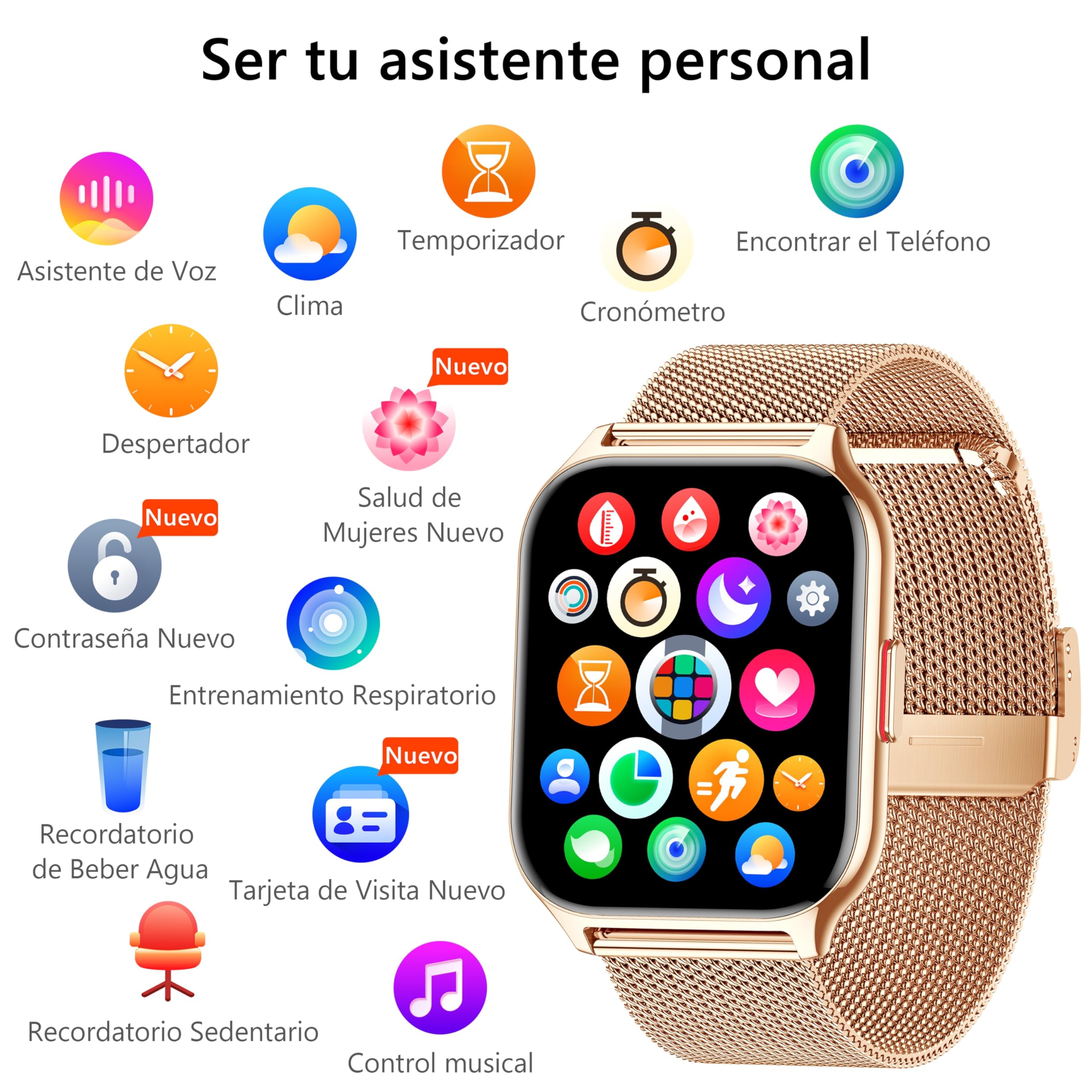 Reloj Inteligente Mujer Hombre, Usado con Aplicación FitCloudPro, Bluetooth Llamada, 2'' Smartwatch con Presión Arterial, 100+ Deportes, Ritmo Cardíaco, DIY Esferas, para iOS Android