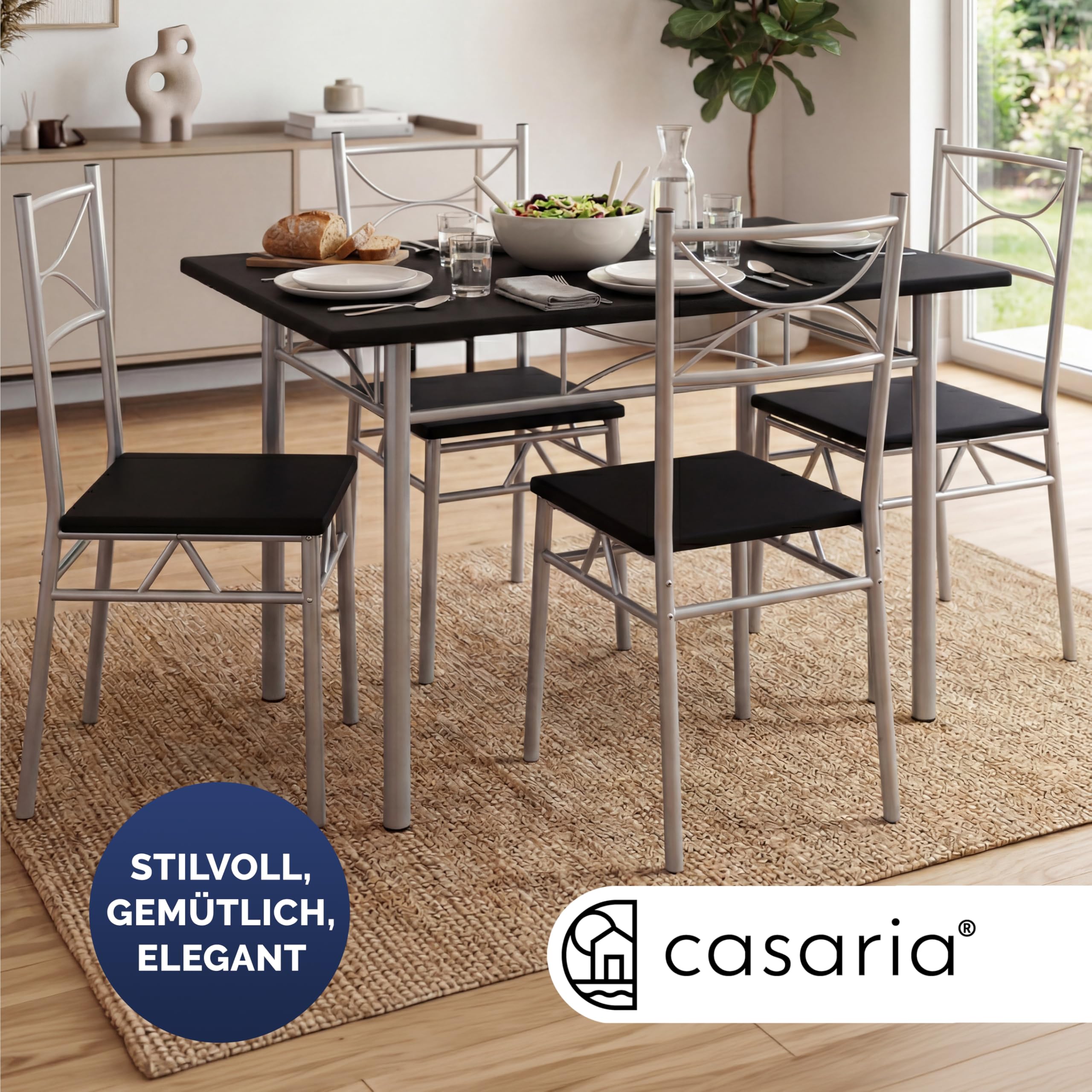Casaria® Ensemble Table à Manger avec 4 chaises Noir Ensemble de Meubles 5 pièces pour Salle à Manger Cuisine en métal laqué MDF