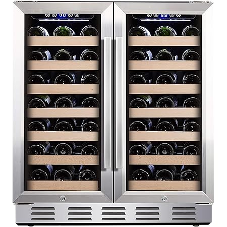 Kalamera 30'' Wine Cooler 66 Bottle Dual Zone Built-in and Freestanding with Stainless Steel and Glass French-Door Style