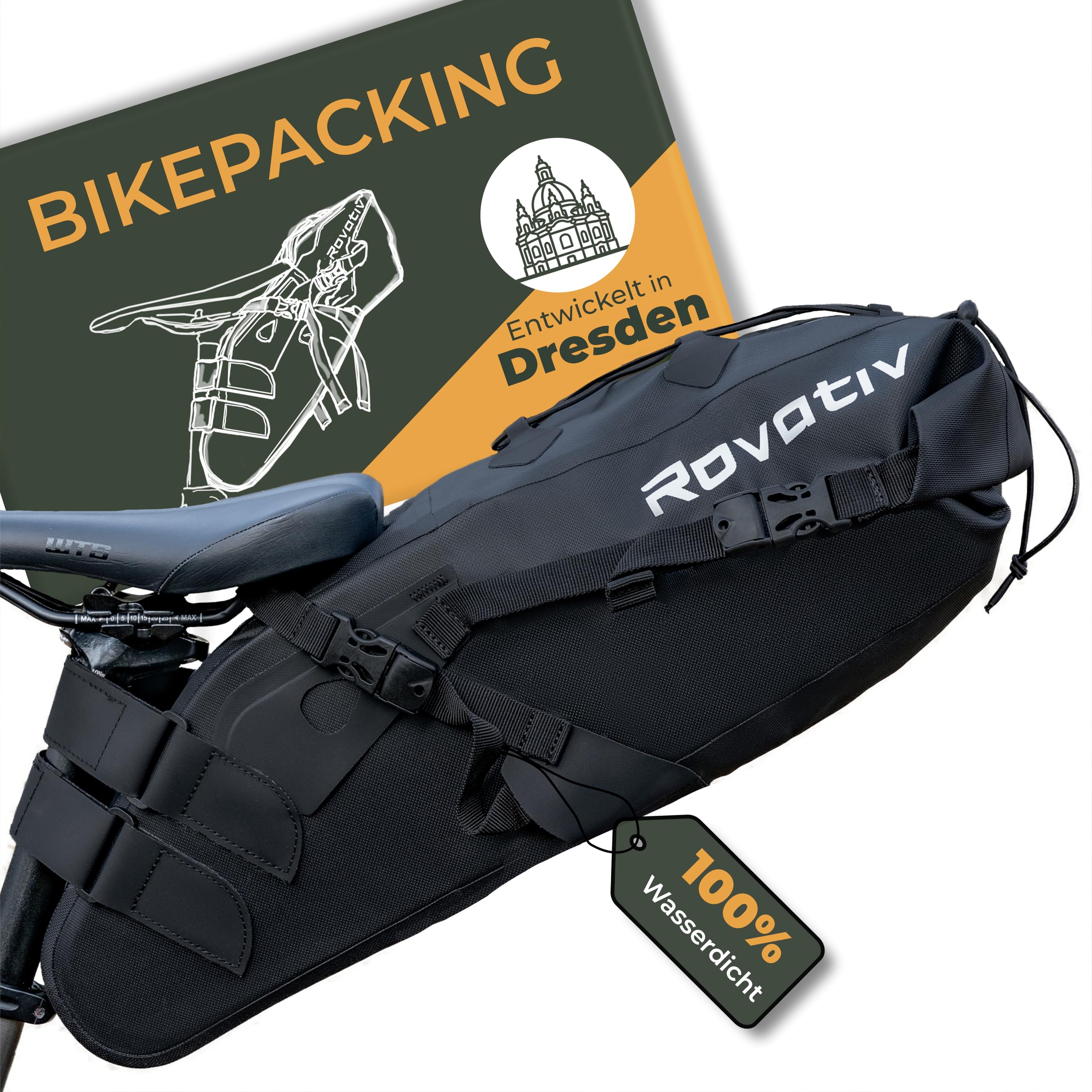 Rovativ® - Bikepacking Satteltasche [10 Liter] 100% Wasserdicht - super Fester Halt - Fahrrad Satteltasche aus TPU-Gewebe - für Gravelbike und MTB Bike Packing