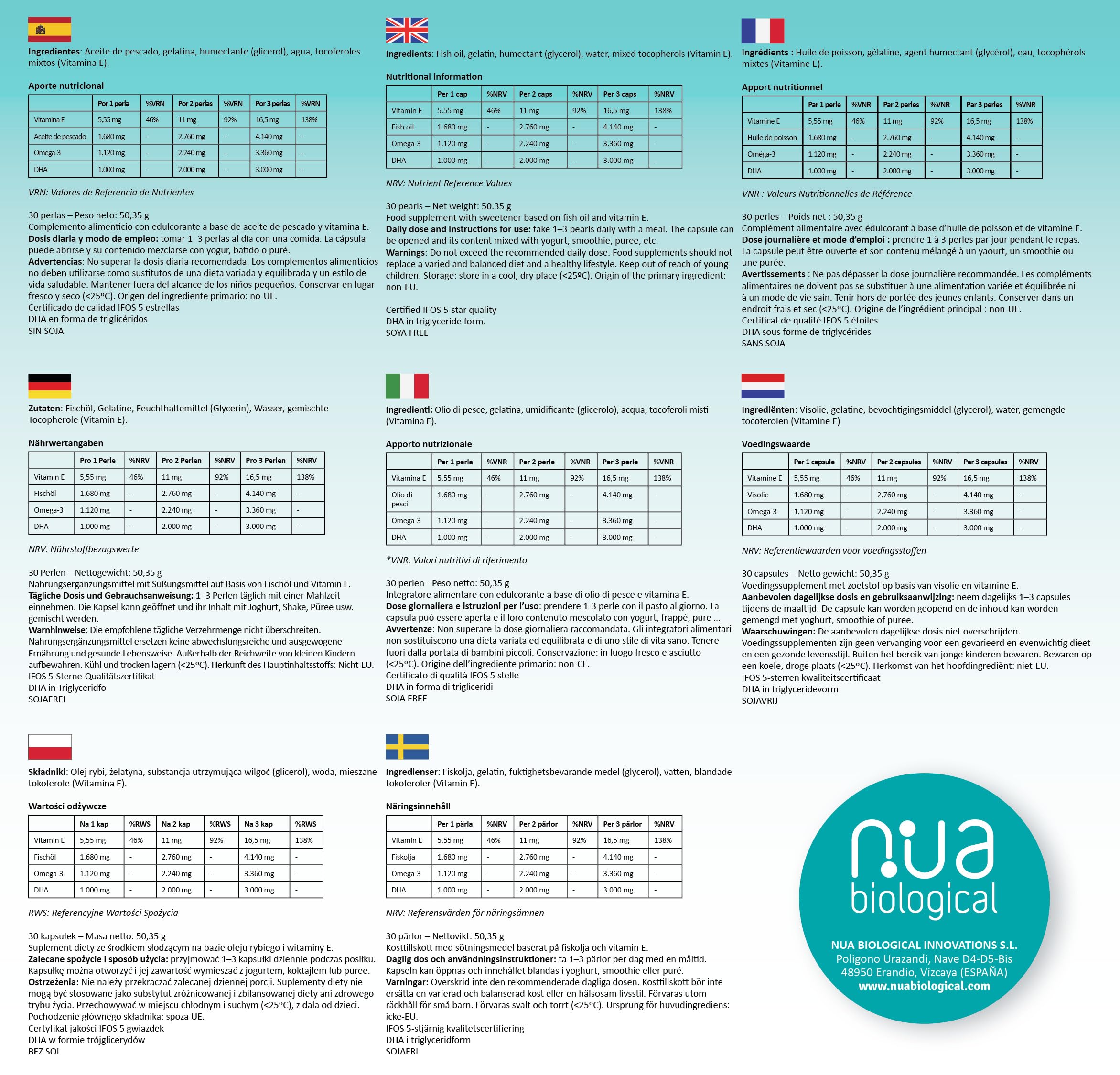 Nua Biological NuaDHA®1000 – Omega 3 100% DHA – 30 Perlas (1 Mes) – 1000 mg DHA por Perla – Forma Triglicérido – Alta Concentración – Sin Grasas Vacías