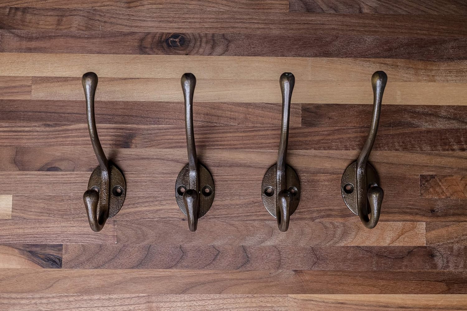 CRAFTSMAN ROAD Vintage Cast Iron Wall Hooks (Antique Brass Finish, Set of 4) - Rustic, Farmhouse Coat Hooks | Coats, Bags, Towels, Hats | Classic Slender