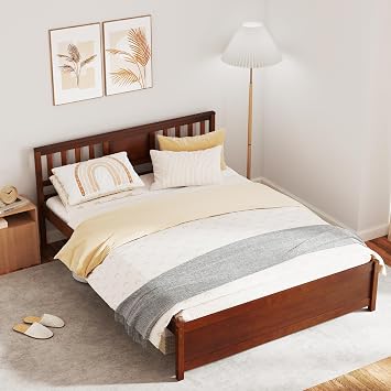 KOMFOTT Queen Wood Platform Bed Frame with Headboard, Solid Wood Platform Bed with Slat Support & Under Bed Storage, Mid-Century Bed Frame Mattress Foundation, No Box Spring Needed, Easy Assembly