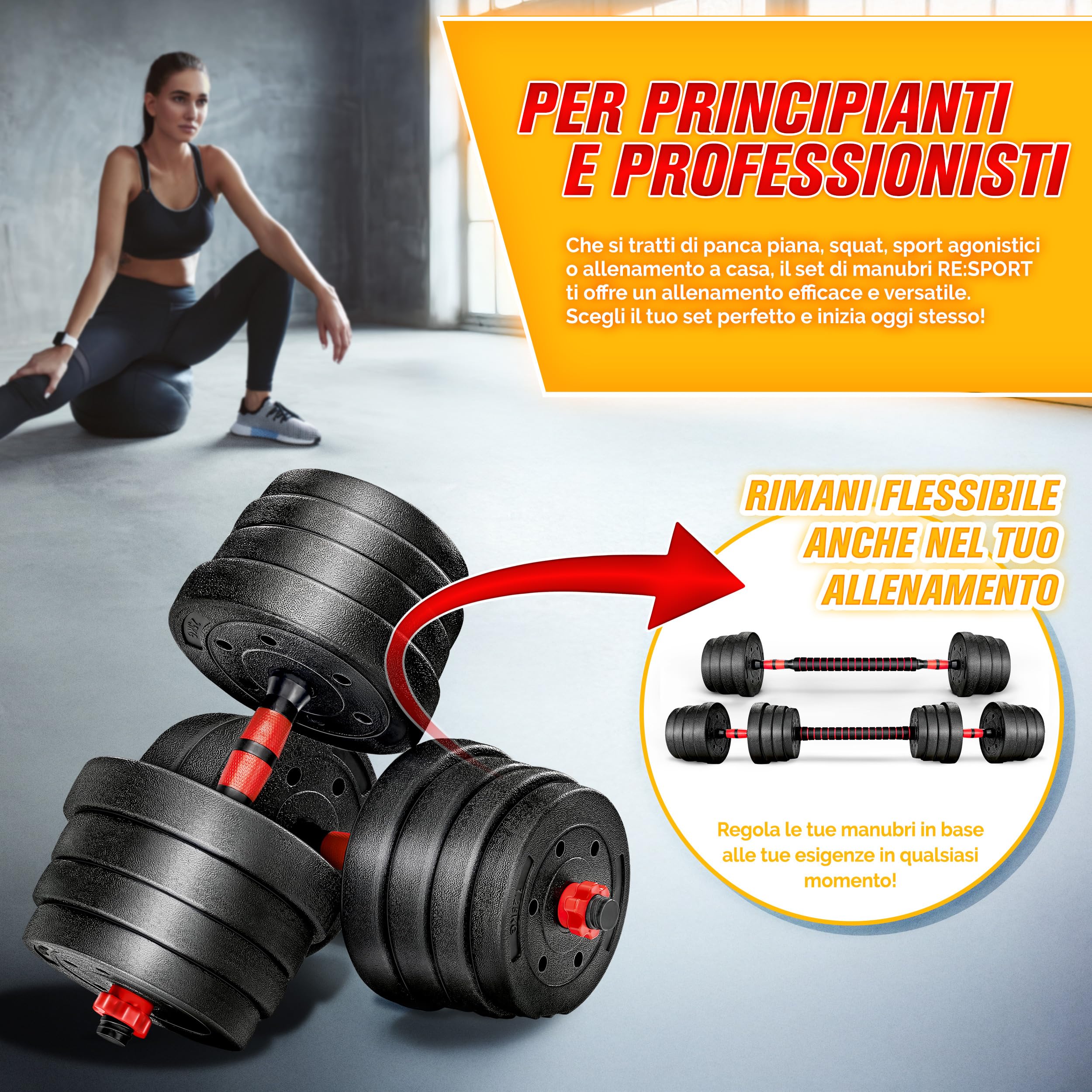 RE:SPORT Set di manubri 2 in 1 15-40kg | Set di manubri regolabili | Manubri corti e lunghi | Chiusure a stella e tubo di collegamento