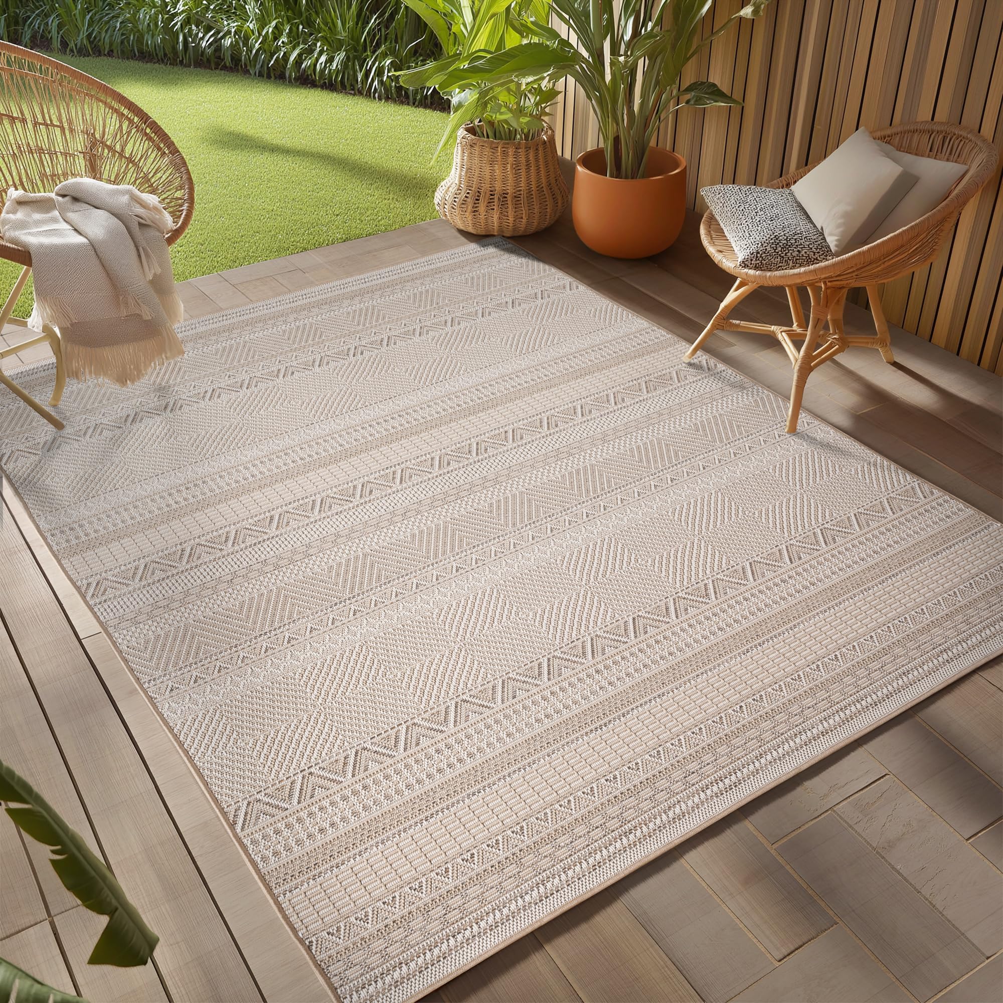Teppium Outdoor Teppich Beige, Wetterfest & UV-beständig, ideal für Küche, Balkon, Terrasse auch Wohnzimmer und Esszimmer, Skandinavisches Boho-Design