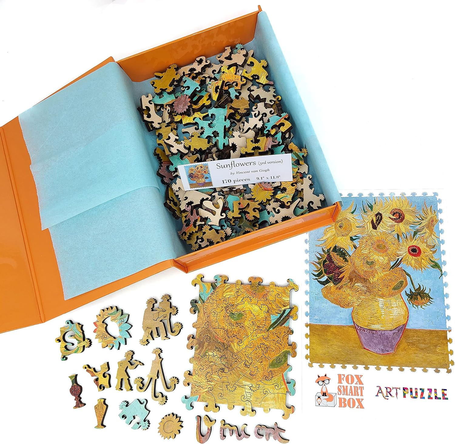 Wooden Jigsaw Puzzle for Adults - Uniquely Shaped Pieces - Made in The USA by FoxSmartBox - 170 Pieces - Sunflowers (3rd Version)