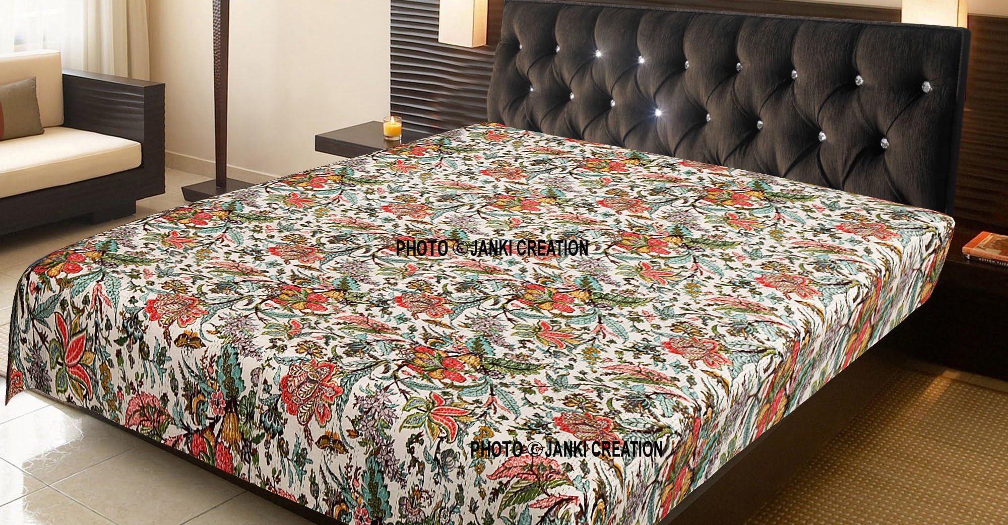 Janki CreationFloral Print Kantha Quilt, Blanket, Bedspread, Gudri, AC Quilt, Rali Kantha Quilt, Bohemian Bedding Kantha, Hand Stitched Kantha Blanket (90X108) Inches