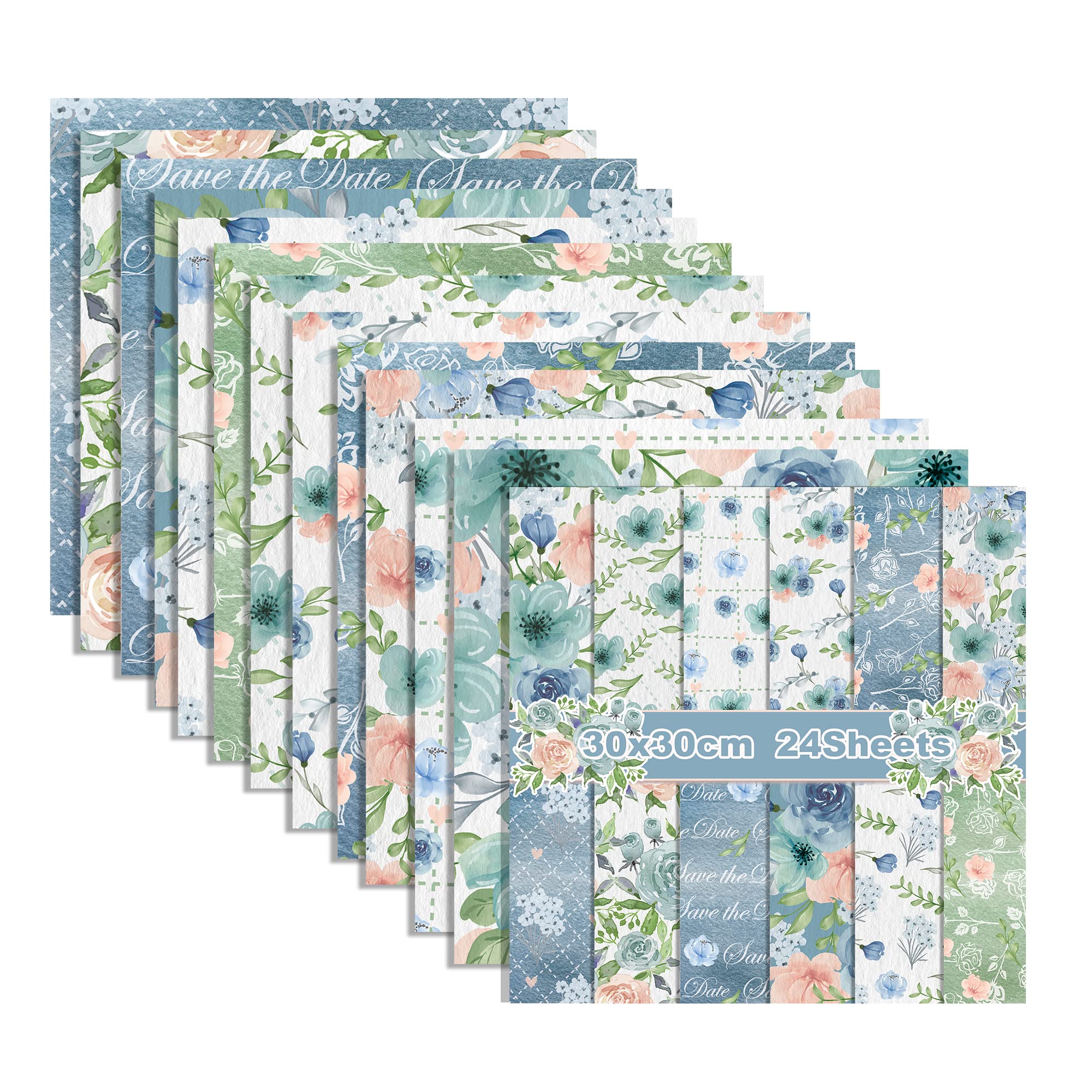 GLKTOPO 12'' x 12'' Double-Sided Watercolor Floral Cardstock, 24 Sheets Spring Pink/Blue Rose Scrapbook Paper, Premium Printed Decorative for DIY
